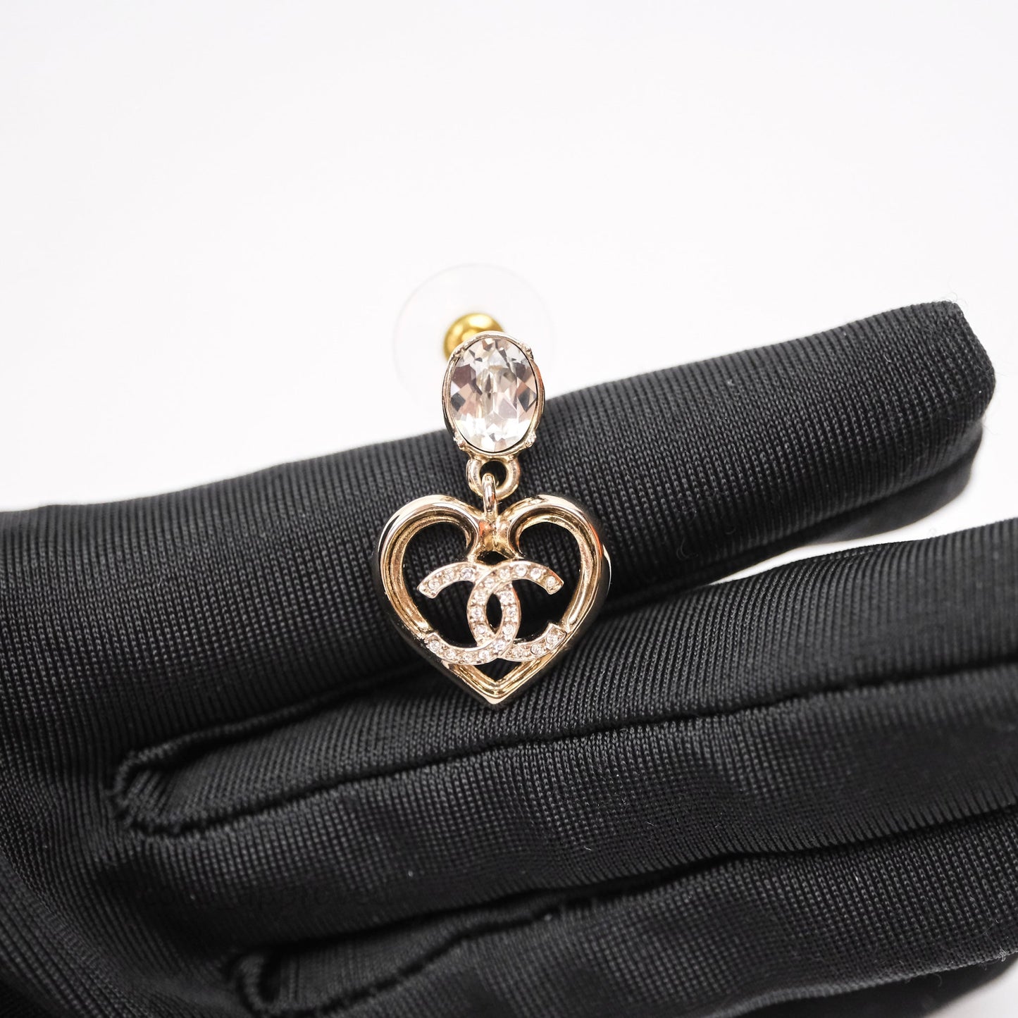 Chanel Crystal CC Heart Drop Earrings Gold Tone 23C