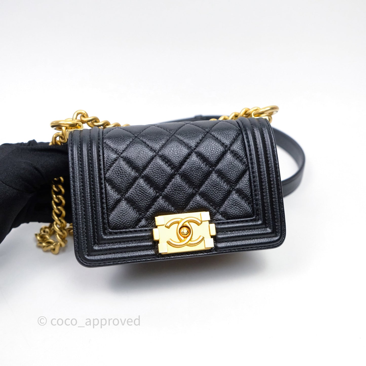 Chanel Mini Boy Quilted Black Caviar Aged Gold Hardware