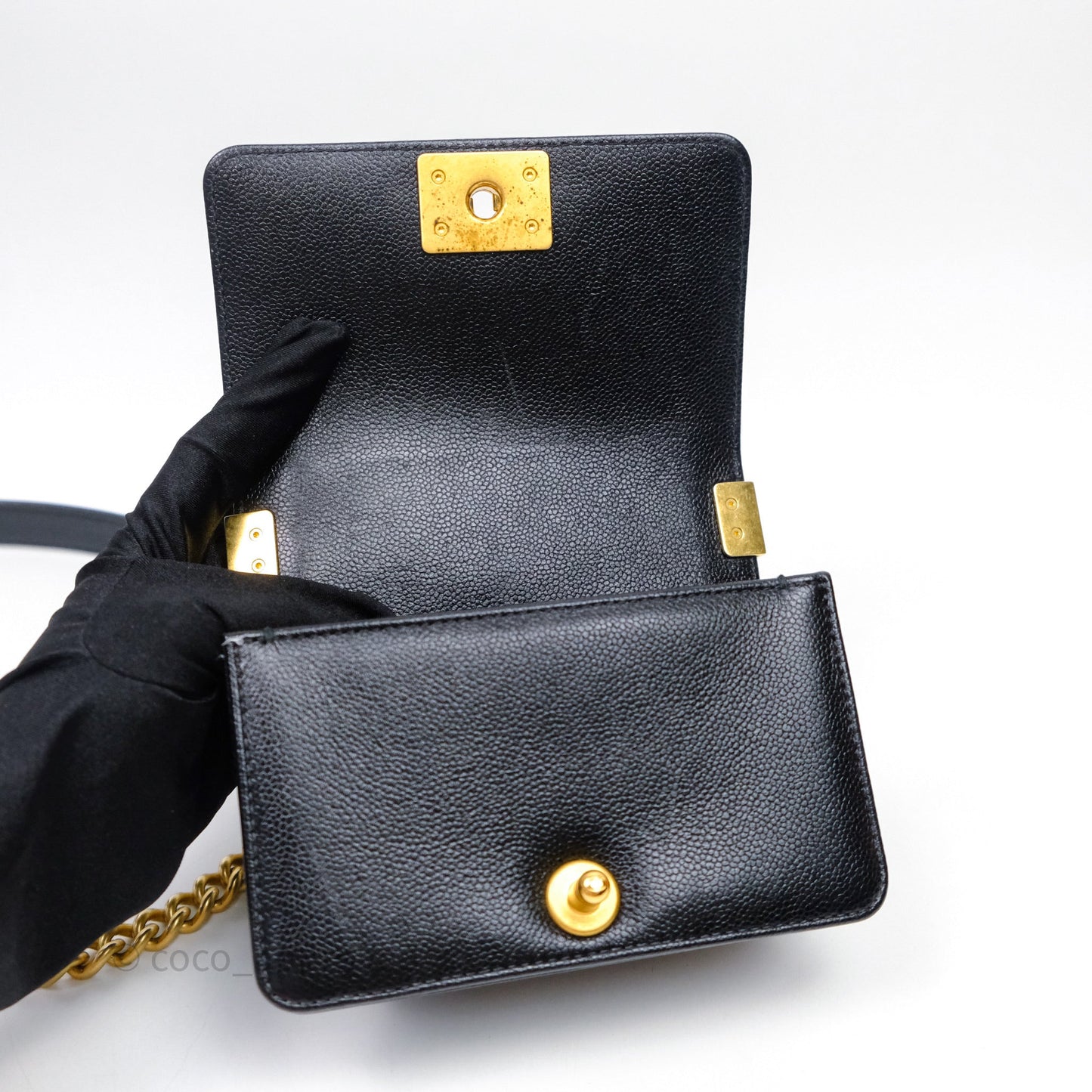 Chanel Mini Boy Quilted Black Caviar Aged Gold Hardware