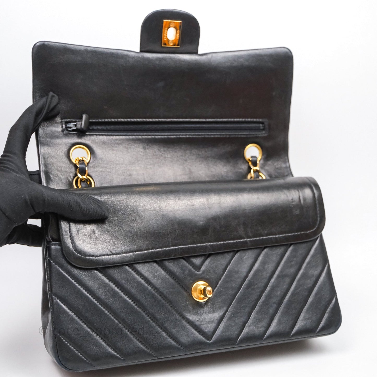 Chanel Vintage Medium Classic Flap Chevron Black Lambskin 24K Gold Hardware