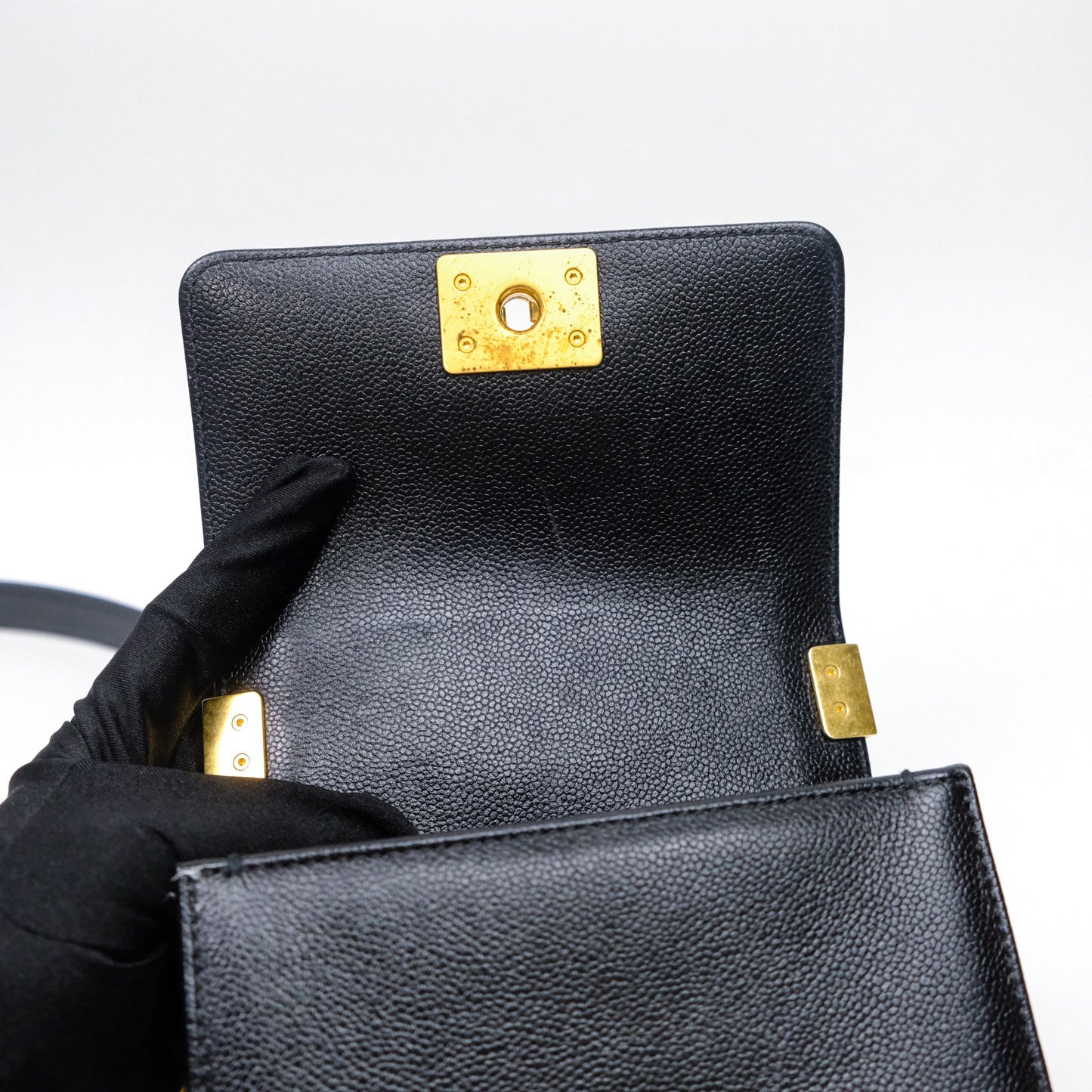 Chanel Mini Boy Quilted Black Caviar Aged Gold Hardware