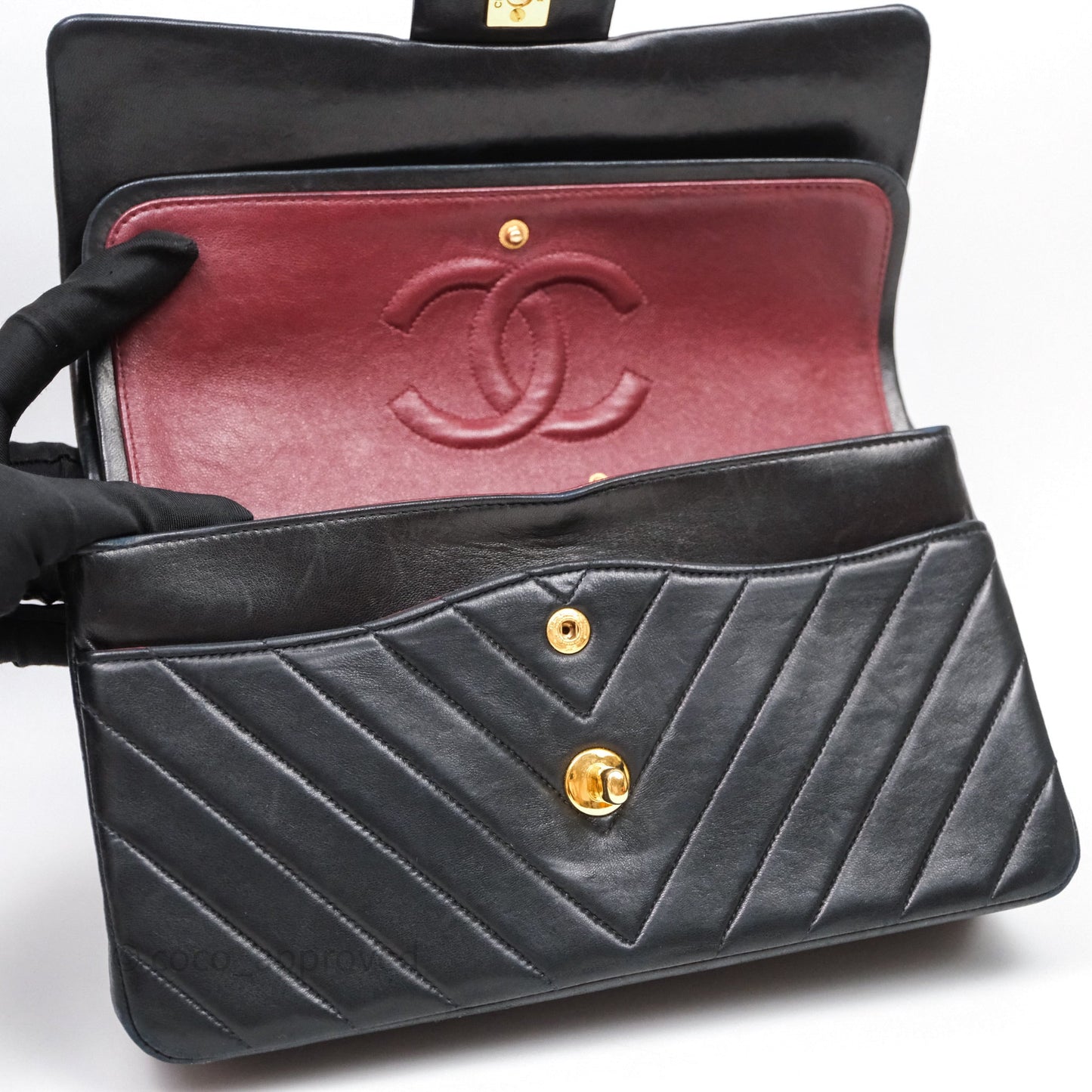 Chanel Vintage Medium Classic Flap Chevron Black Lambskin 24K Gold Hardware