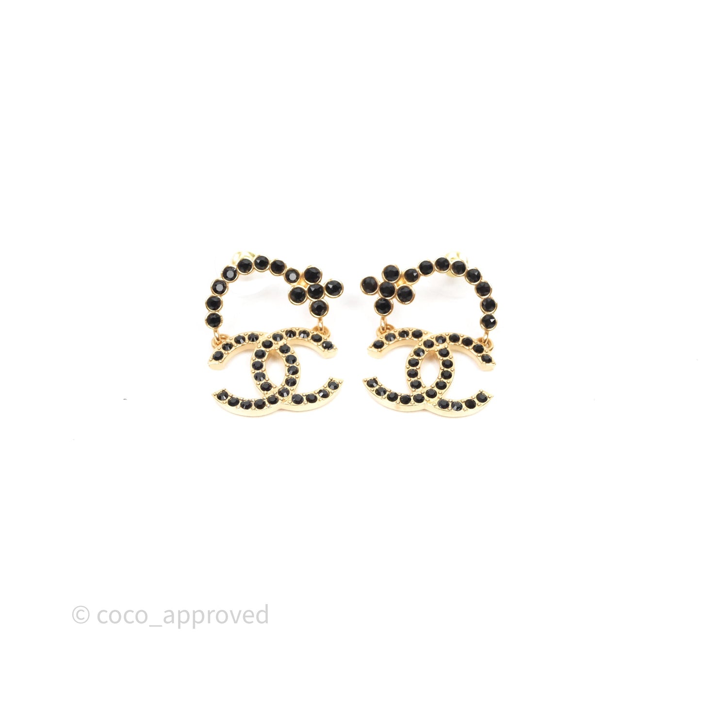 Chanel CC Floral Dangle Black And Gold Earrings 23A