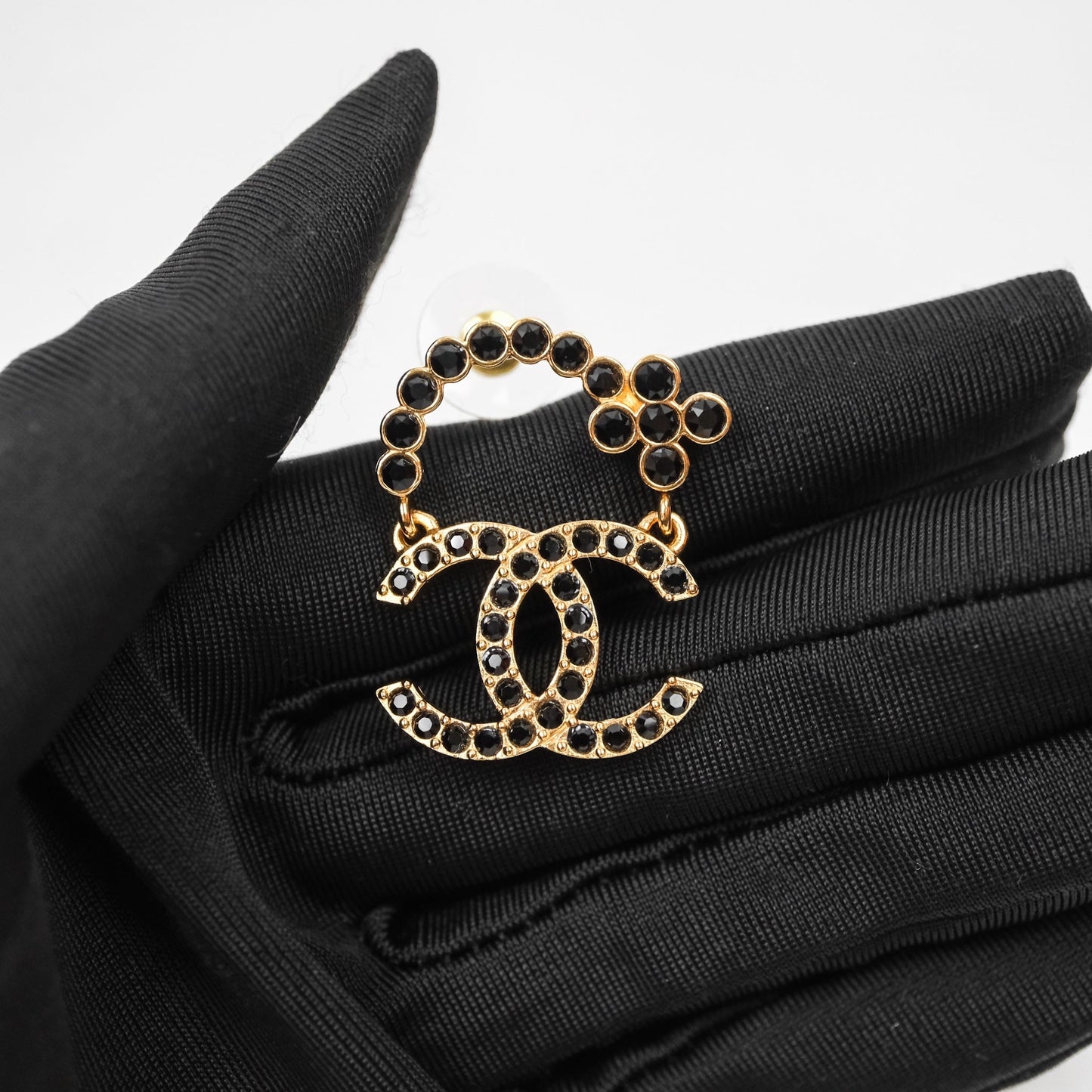 Chanel CC Floral Dangle Black And Gold Earrings 23A