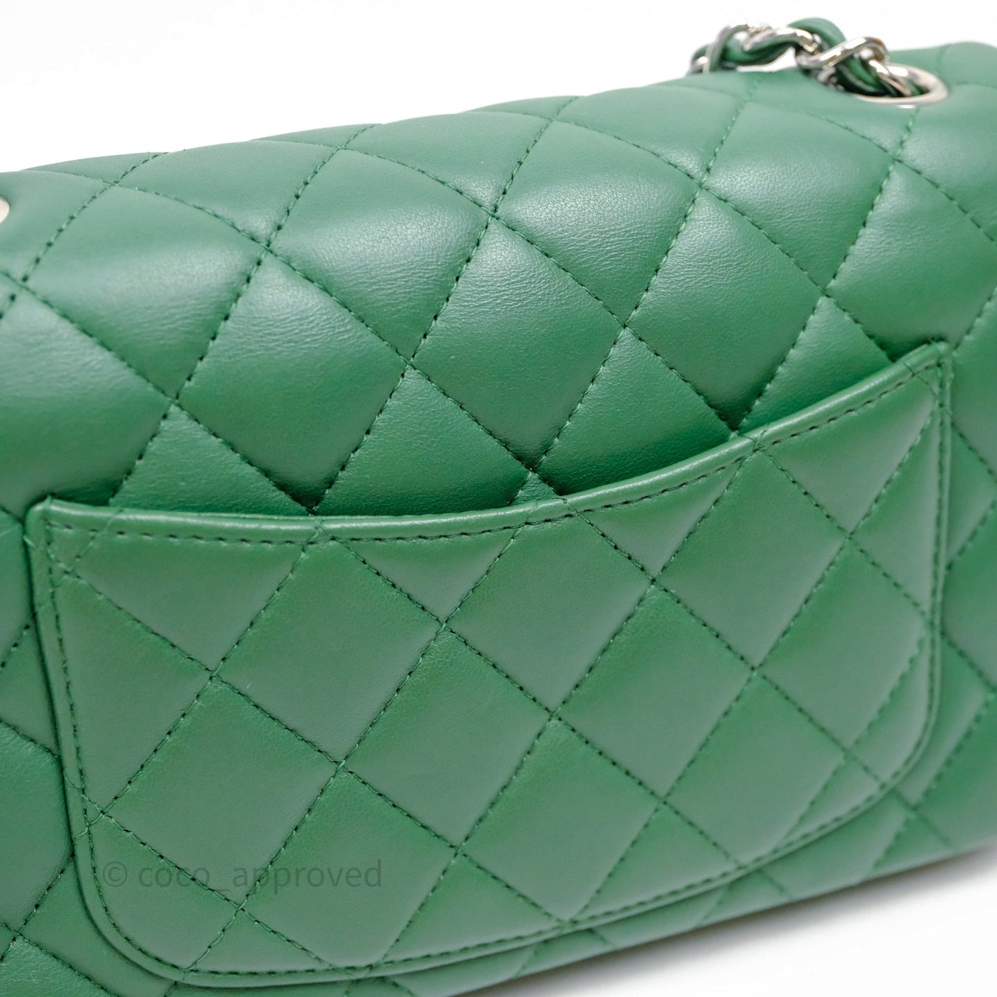 Chanel Mini Rectangular Quilted Lambskin Flap Bag Green Silver Hardware