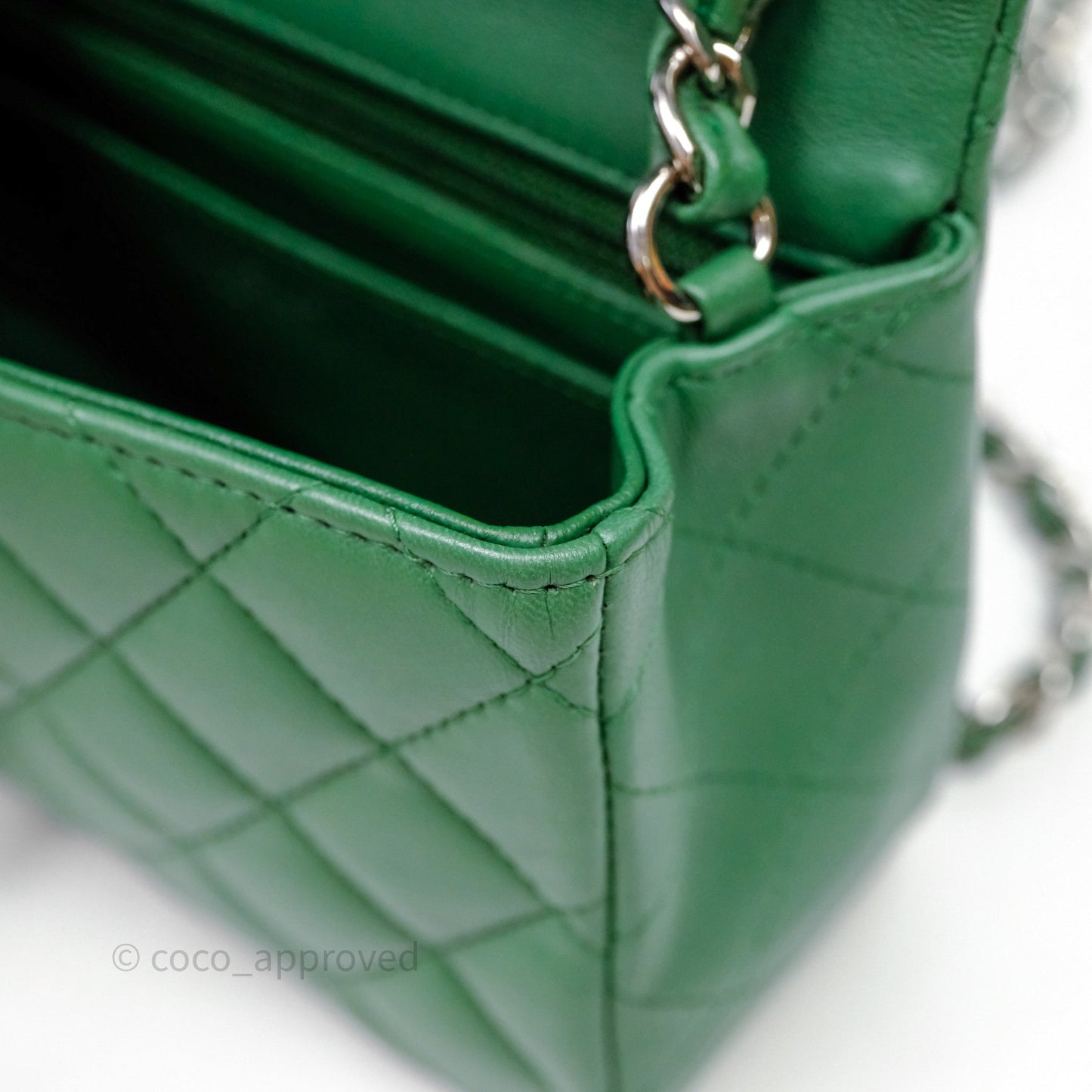 Chanel Mini Rectangular Quilted Lambskin Flap Bag Green Silver Hardware
