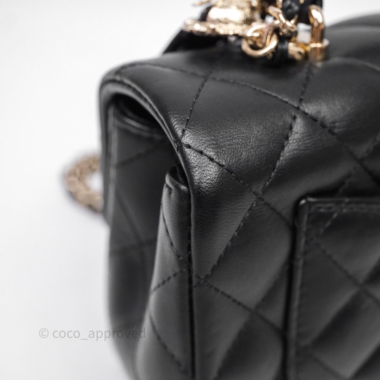 Chanel Top Handle Mini Rectangular Flap With Lion Charm Black Lambskin Gold Hardware