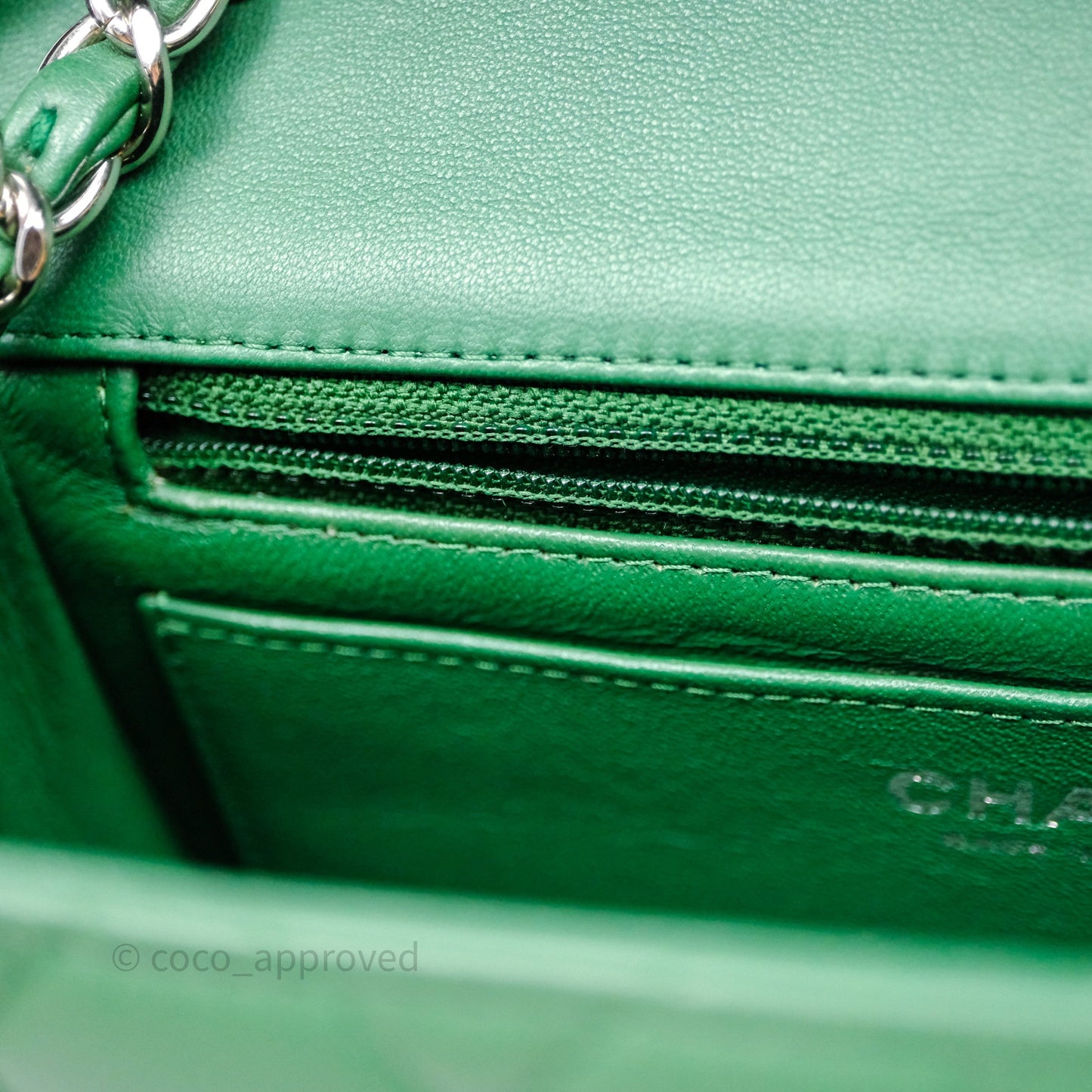 Chanel Mini Rectangular Quilted Lambskin Flap Bag Green Silver Hardware