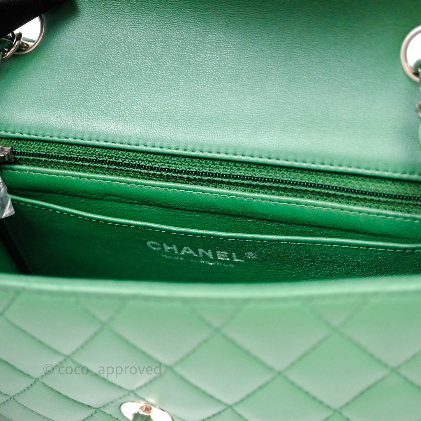 Chanel Mini Rectangular Quilted Lambskin Flap Bag Green Silver Hardware