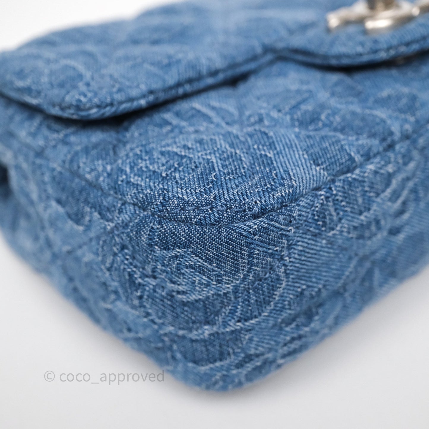 Chanel Quilted Camellia Printed Heart Crush Mini Flap Bag Blue Denim Aged Silver Hardware