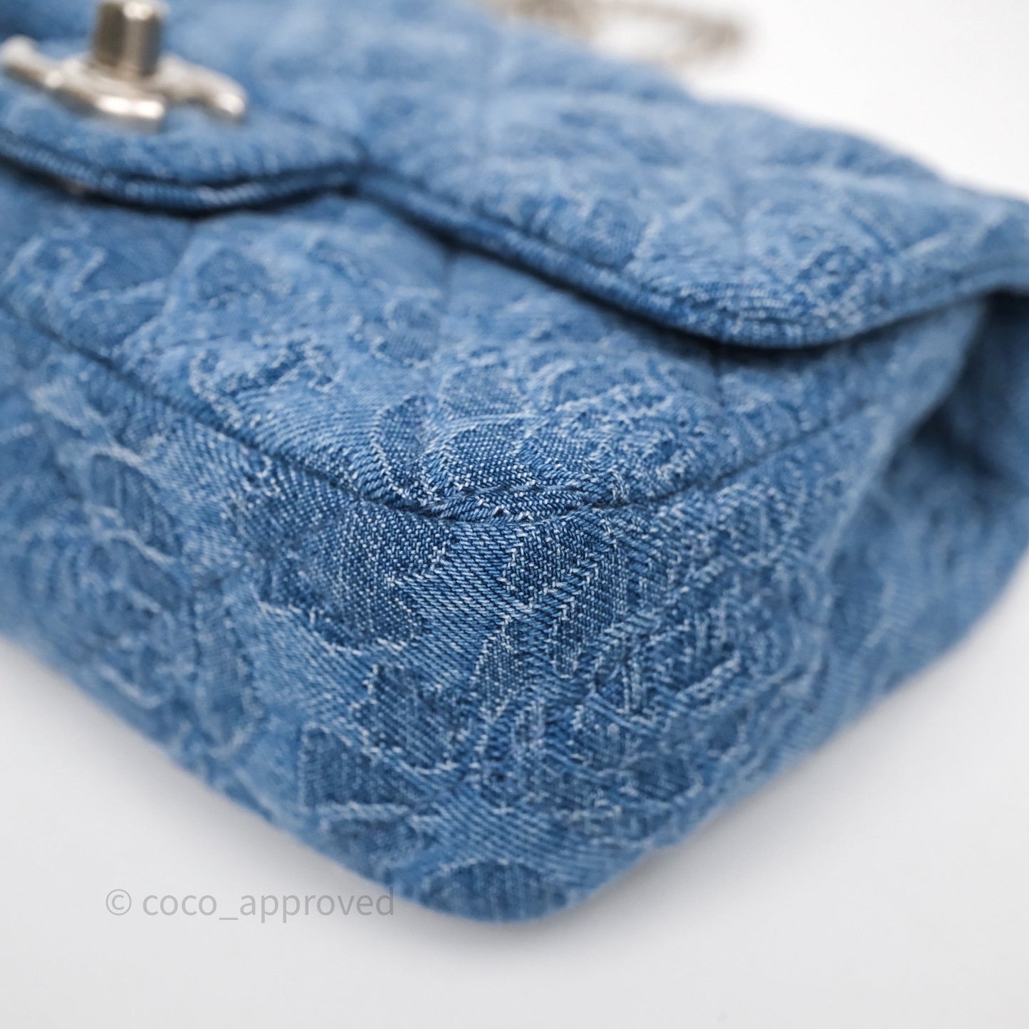 Chanel Quilted Camellia Printed Heart Crush Mini Flap Bag Blue Denim Aged Silver Hardware