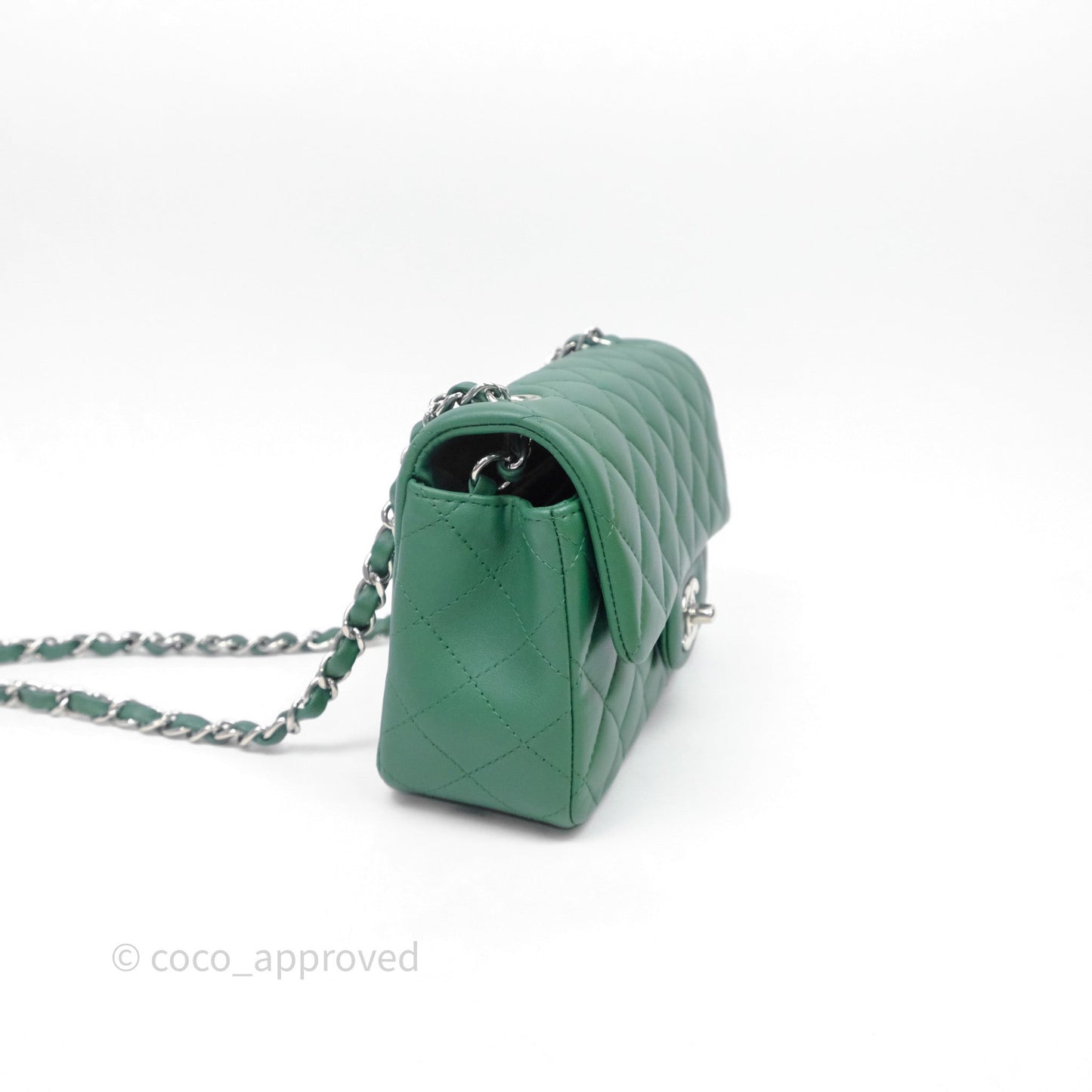 Chanel Mini Rectangular Quilted Lambskin Flap Bag Green Silver Hardware