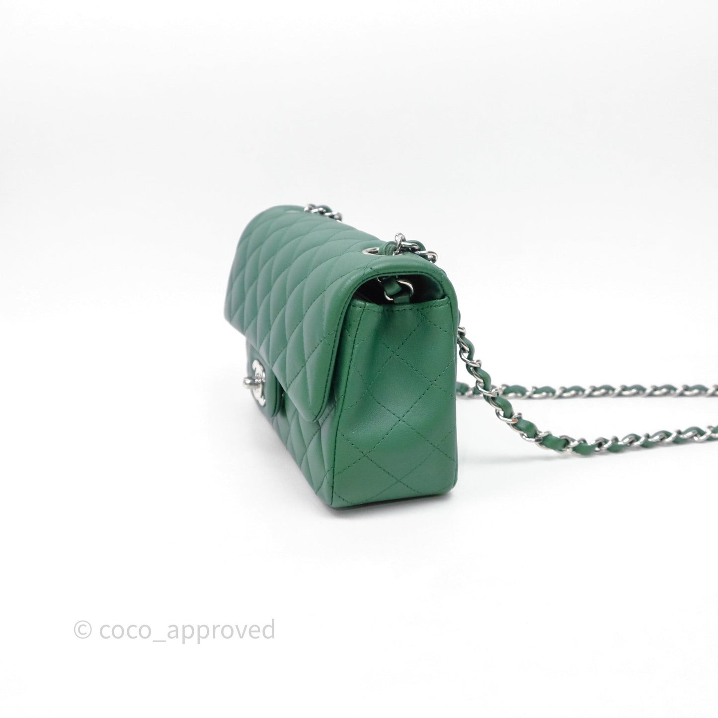 Chanel Mini Rectangular Quilted Lambskin Flap Bag Green Silver Hardware