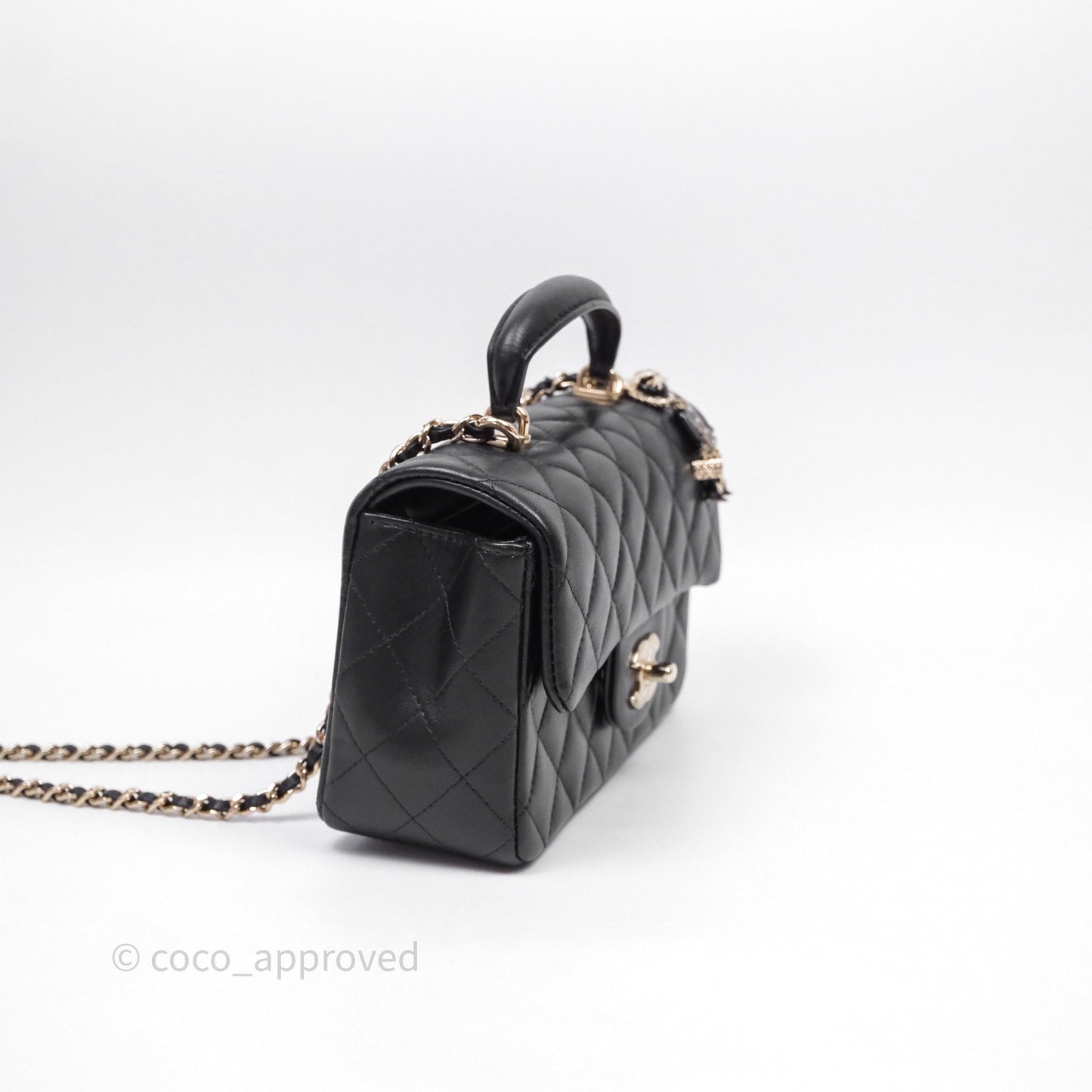 Chanel Top Handle Mini Rectangular Flap With Lion Charm Black Lambskin Gold Hardware