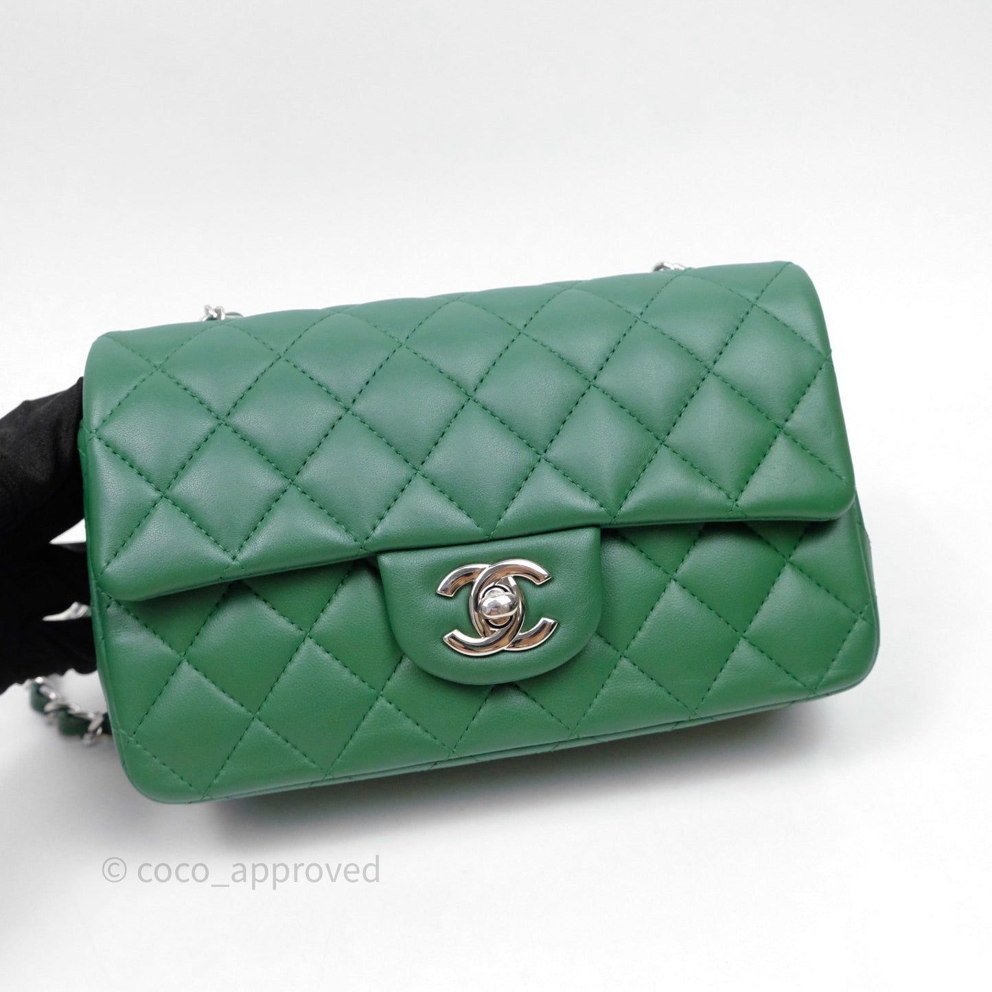 Chanel Mini Rectangular Quilted Lambskin Flap Bag Green Silver Hardware