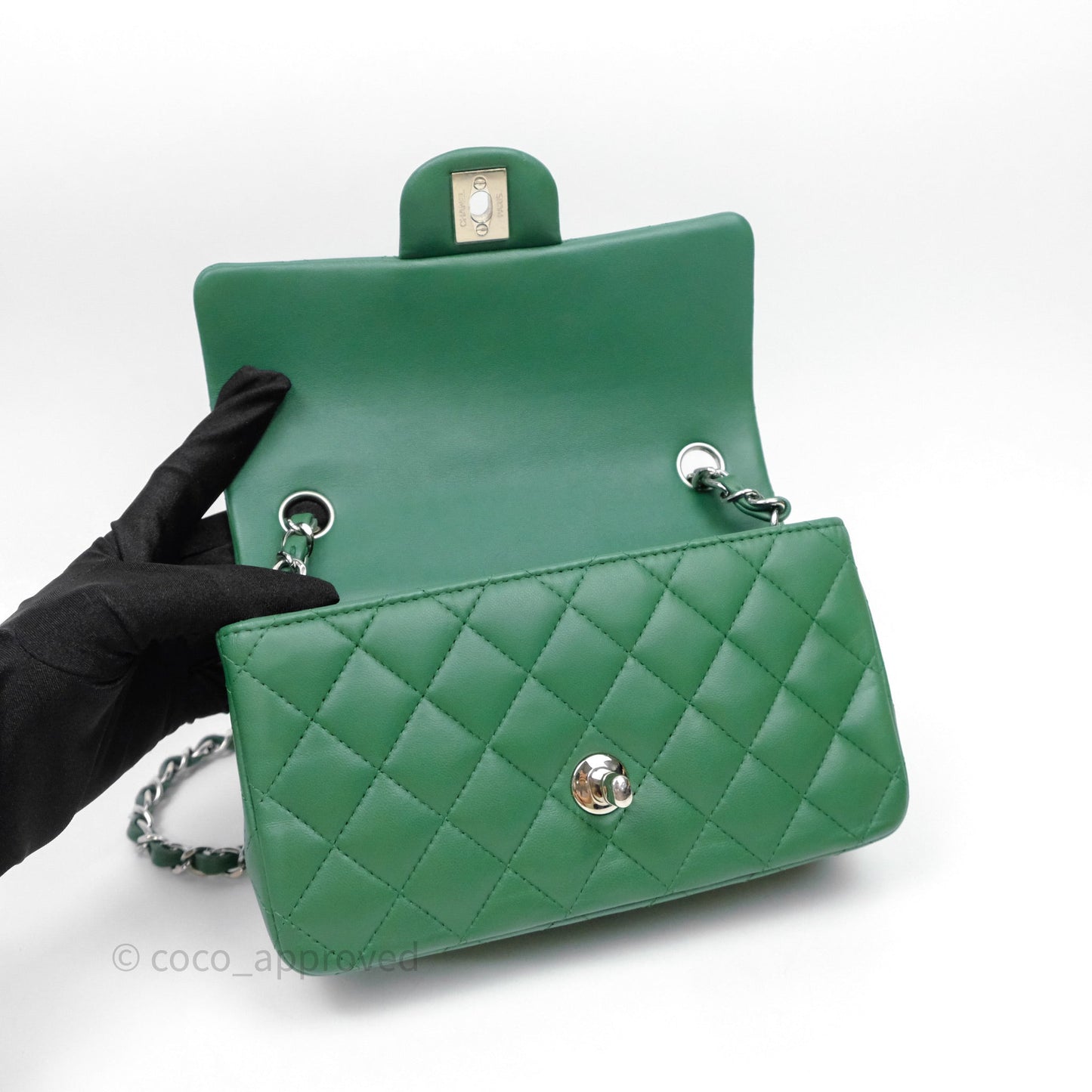 Chanel Mini Rectangular Quilted Lambskin Flap Bag Green Silver Hardware