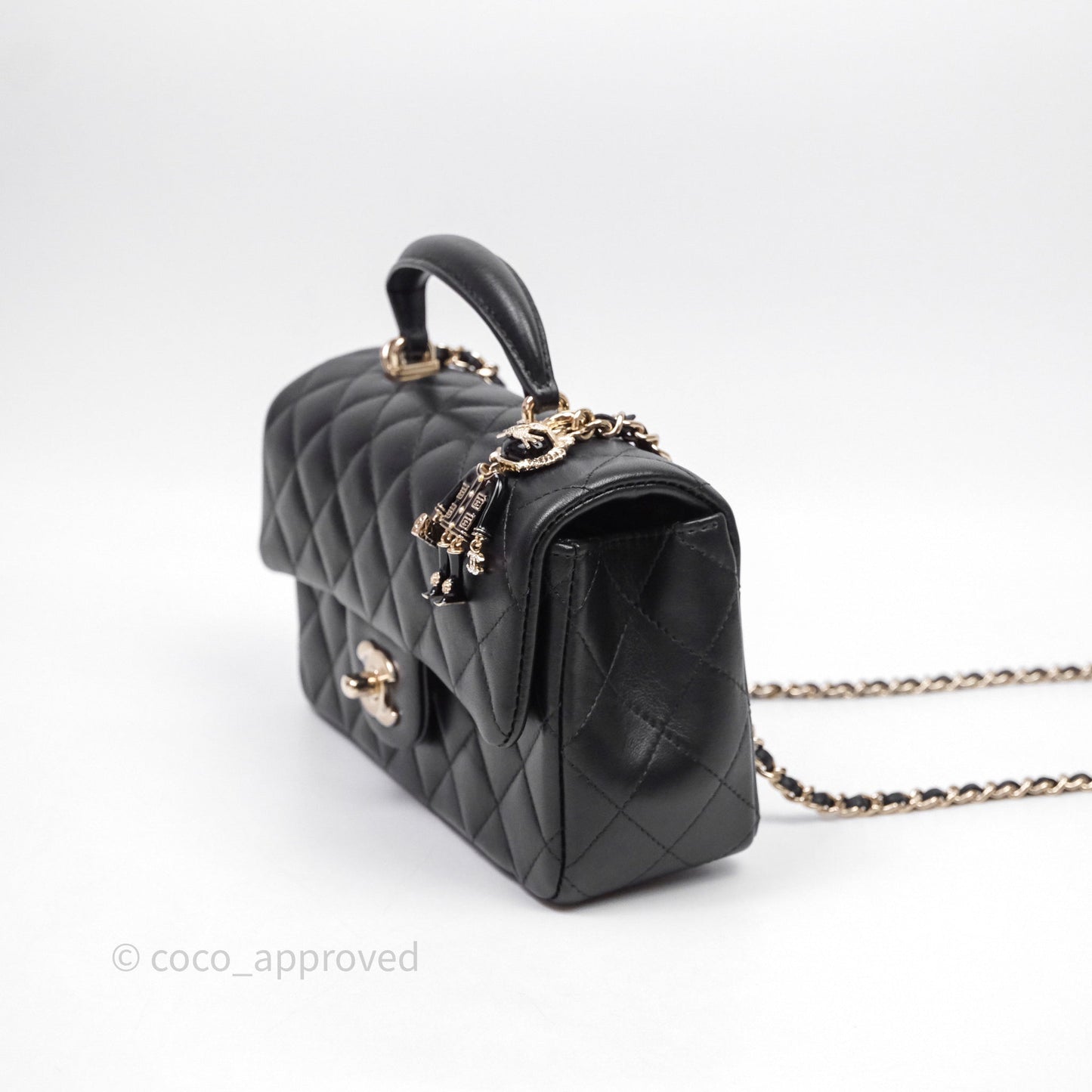 Chanel Top Handle Mini Rectangular Flap With Lion Charm Black Lambskin Gold Hardware