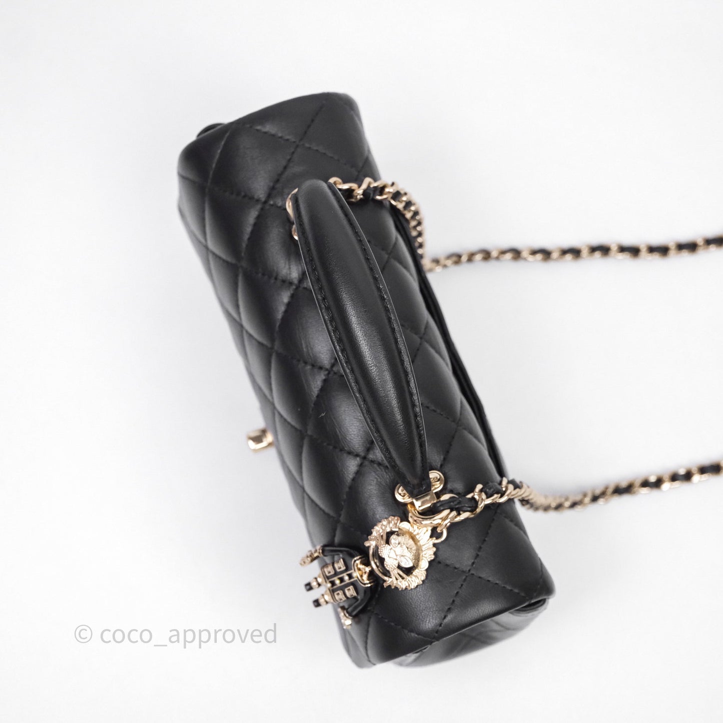 Chanel Top Handle Mini Rectangular Flap With Lion Charm Black Lambskin Gold Hardware