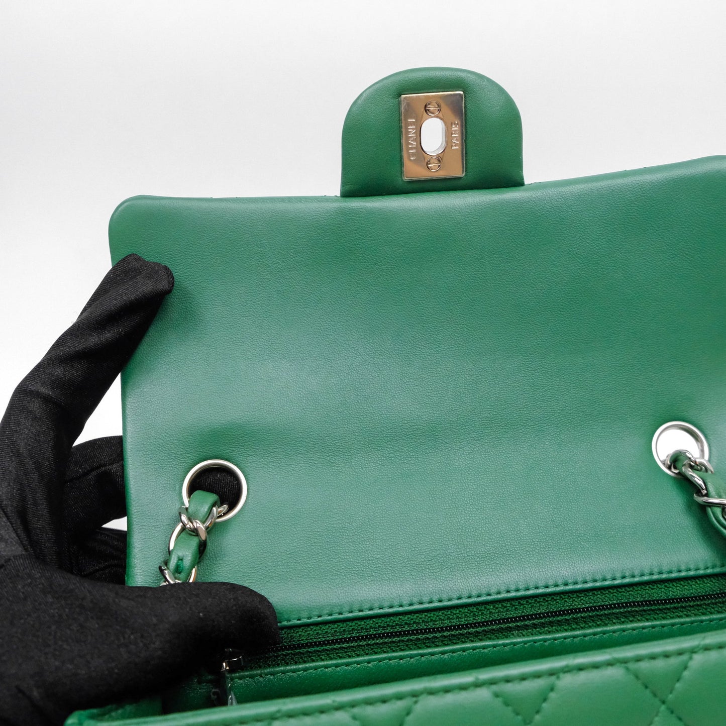 Chanel Mini Rectangular Quilted Lambskin Flap Bag Green Silver Hardware