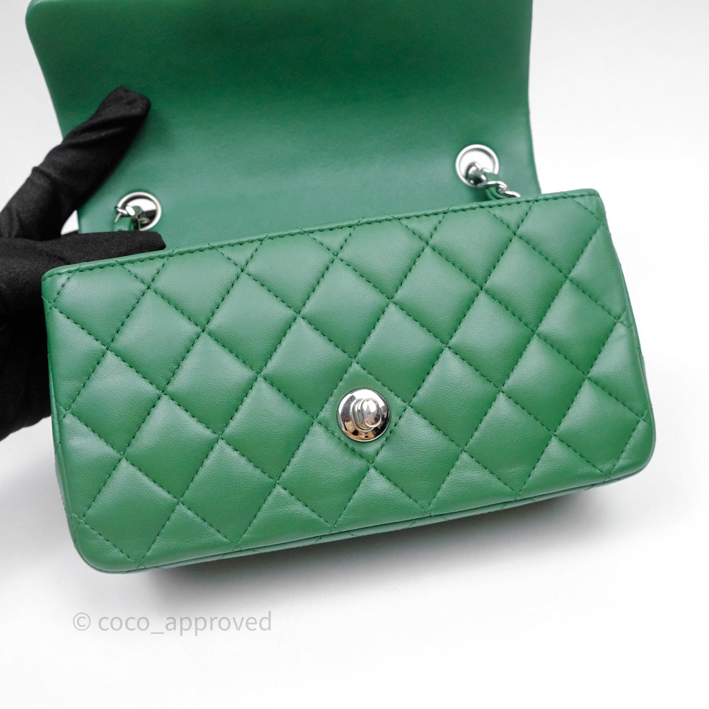 Chanel Mini Rectangular Quilted Lambskin Flap Bag Green Silver Hardware