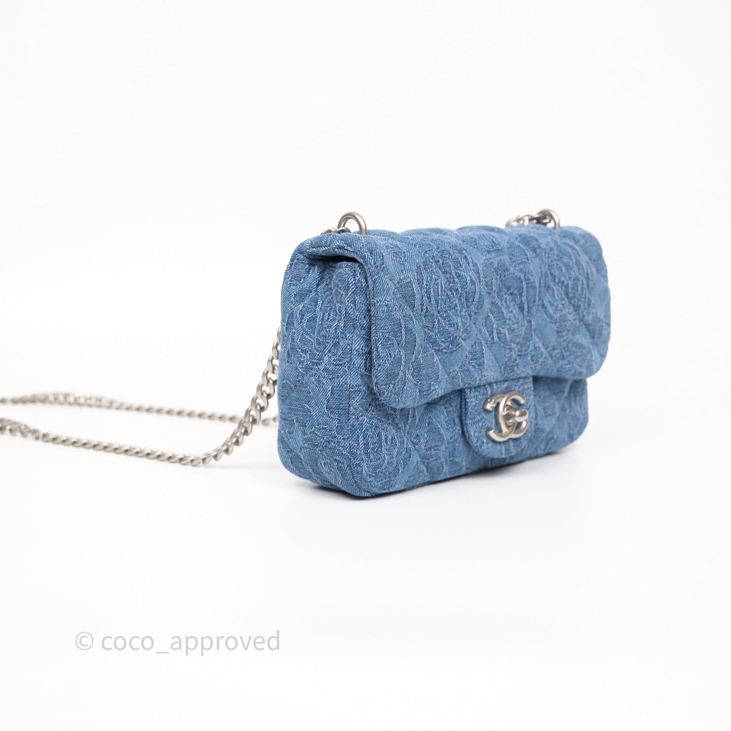 Chanel Quilted Camellia Printed Heart Crush Mini Flap Bag Blue Denim Aged Silver Hardware