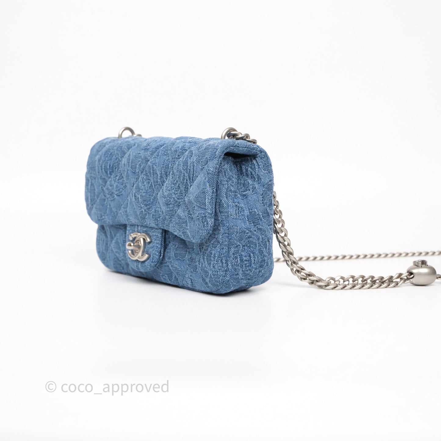 Chanel Quilted Camellia Printed Heart Crush Mini Flap Bag Blue Denim Aged Silver Hardware