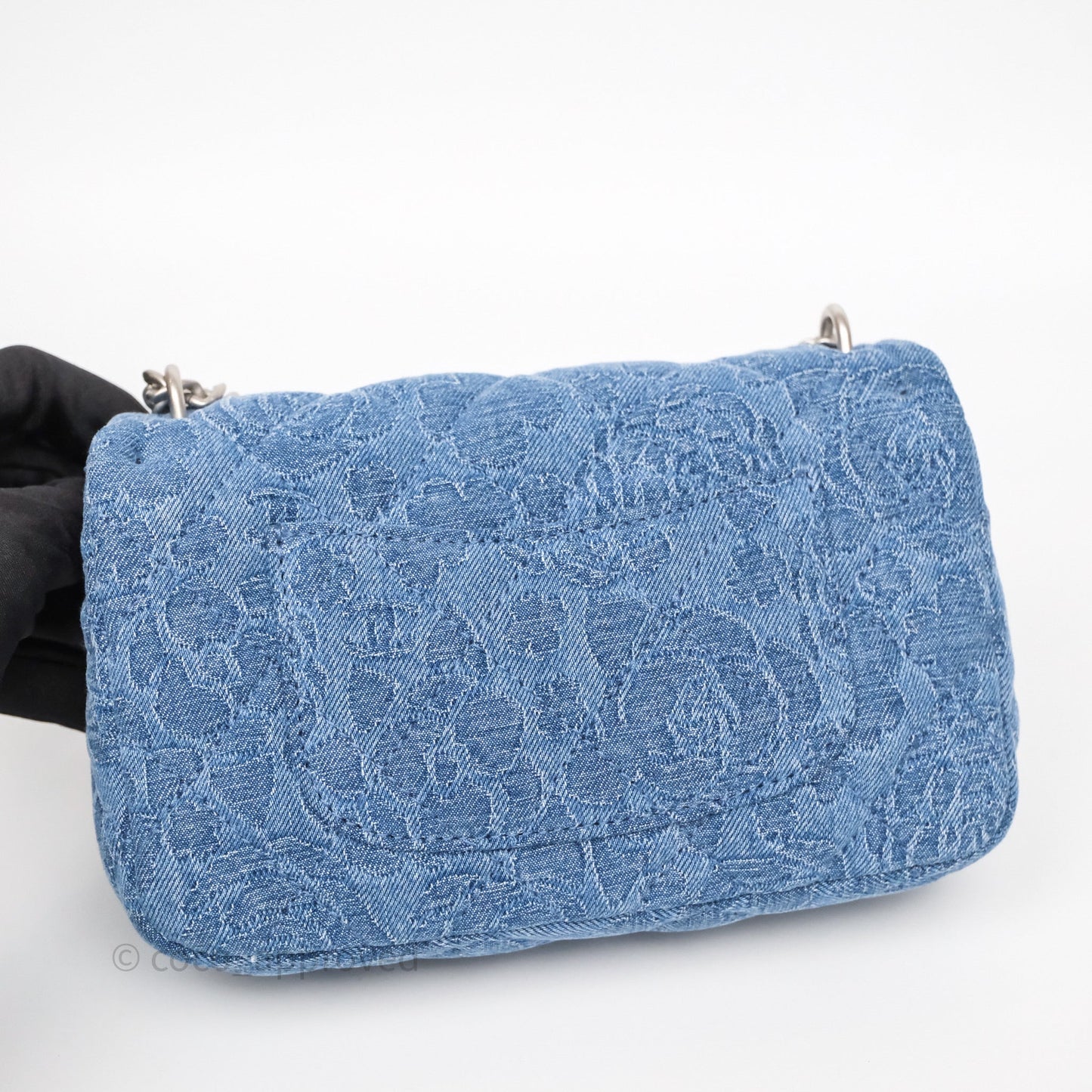 Chanel Quilted Camellia Printed Heart Crush Mini Flap Bag Blue Denim Aged Silver Hardware