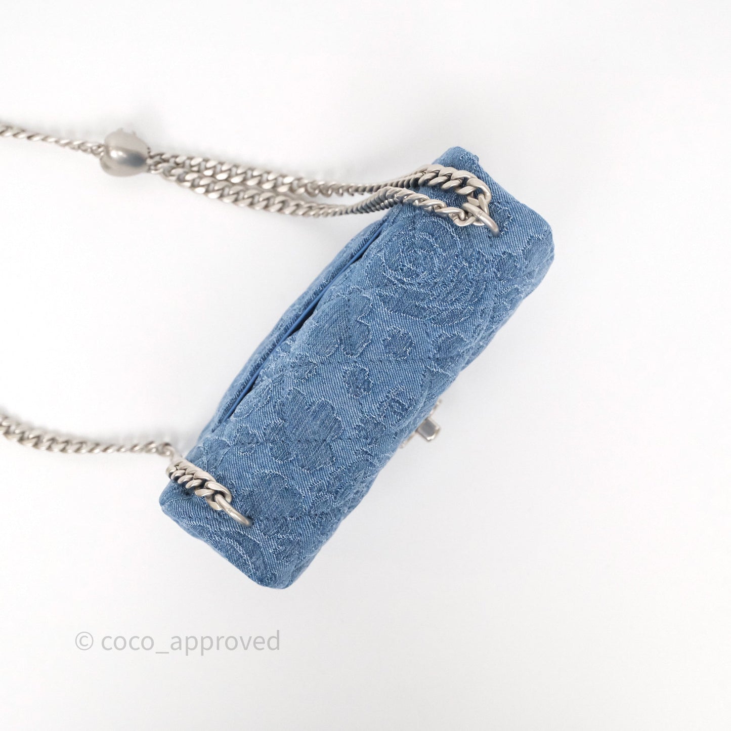 Chanel Quilted Camellia Printed Heart Crush Mini Flap Bag Blue Denim Aged Silver Hardware