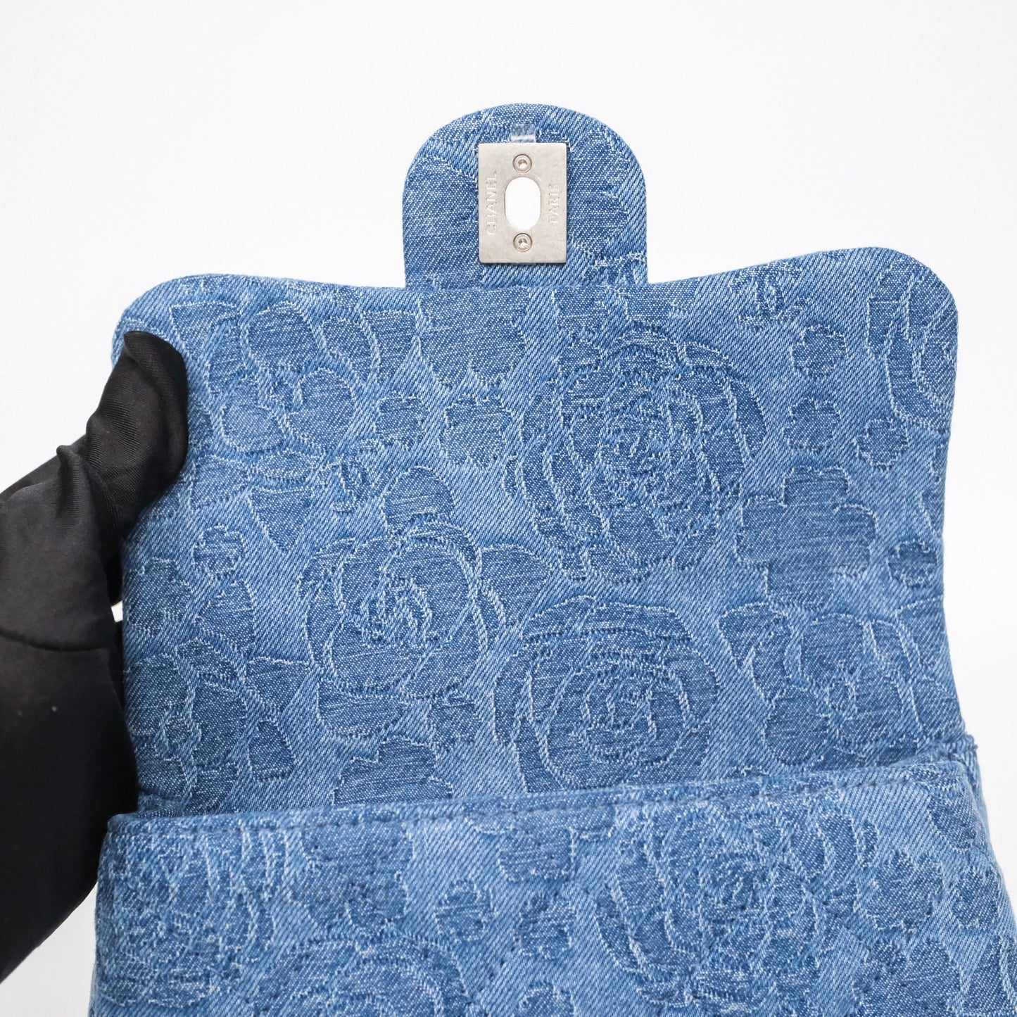 Chanel Quilted Camellia Printed Heart Crush Mini Flap Bag Blue Denim Aged Silver Hardware