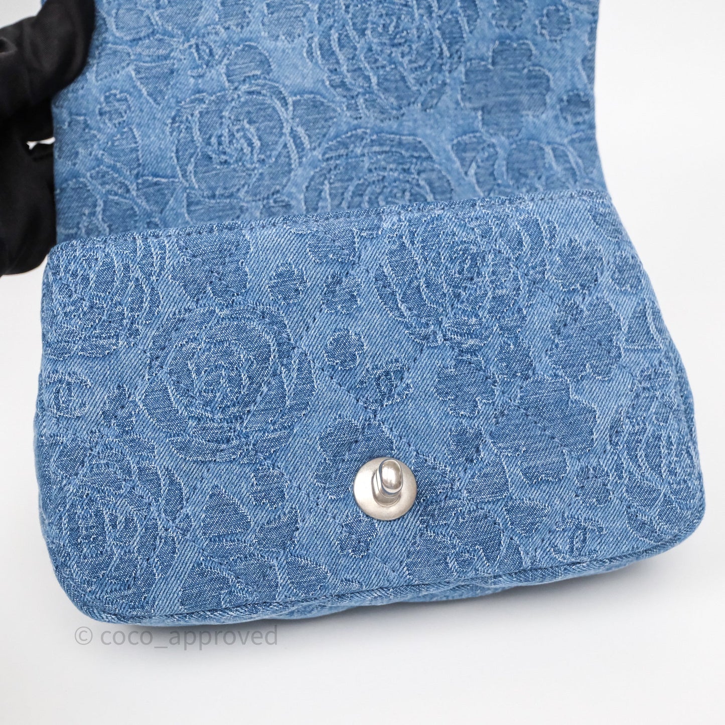 Chanel Quilted Camellia Printed Heart Crush Mini Flap Bag Blue Denim Aged Silver Hardware