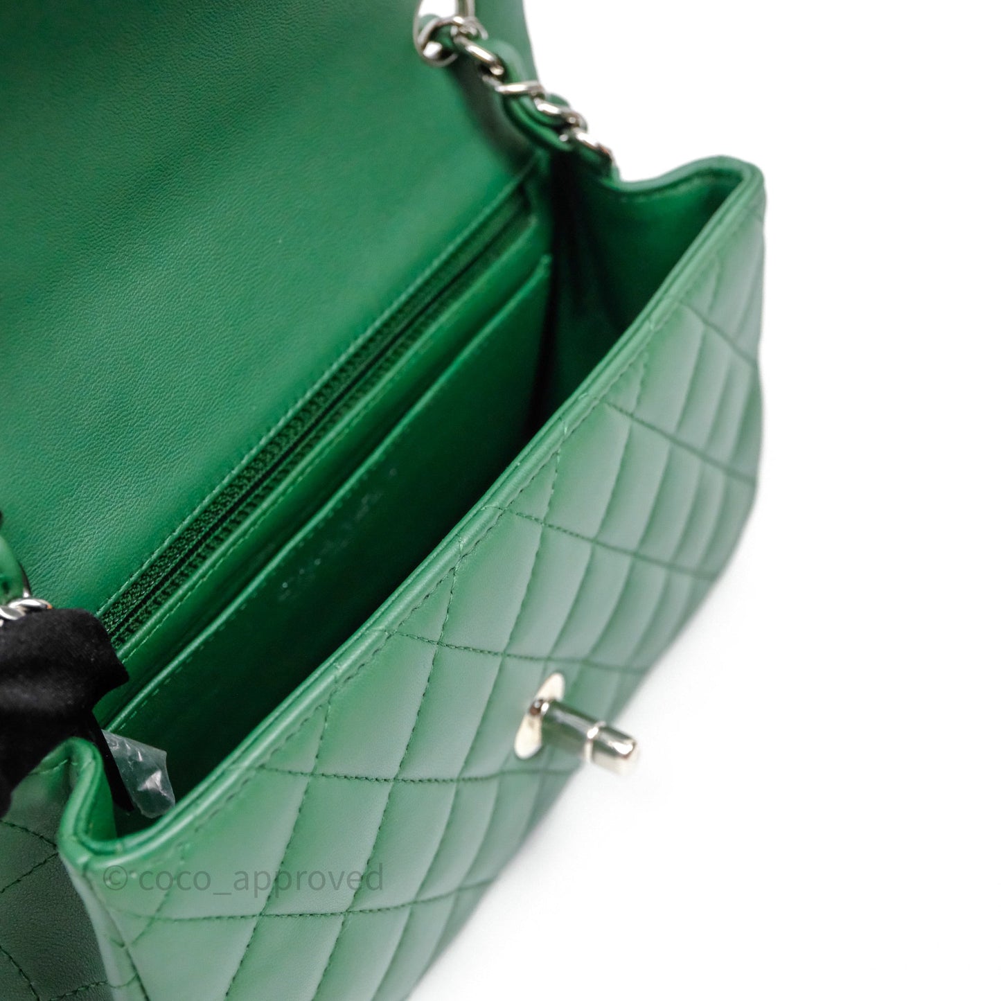 Chanel Mini Rectangular Quilted Lambskin Flap Bag Green Silver Hardware