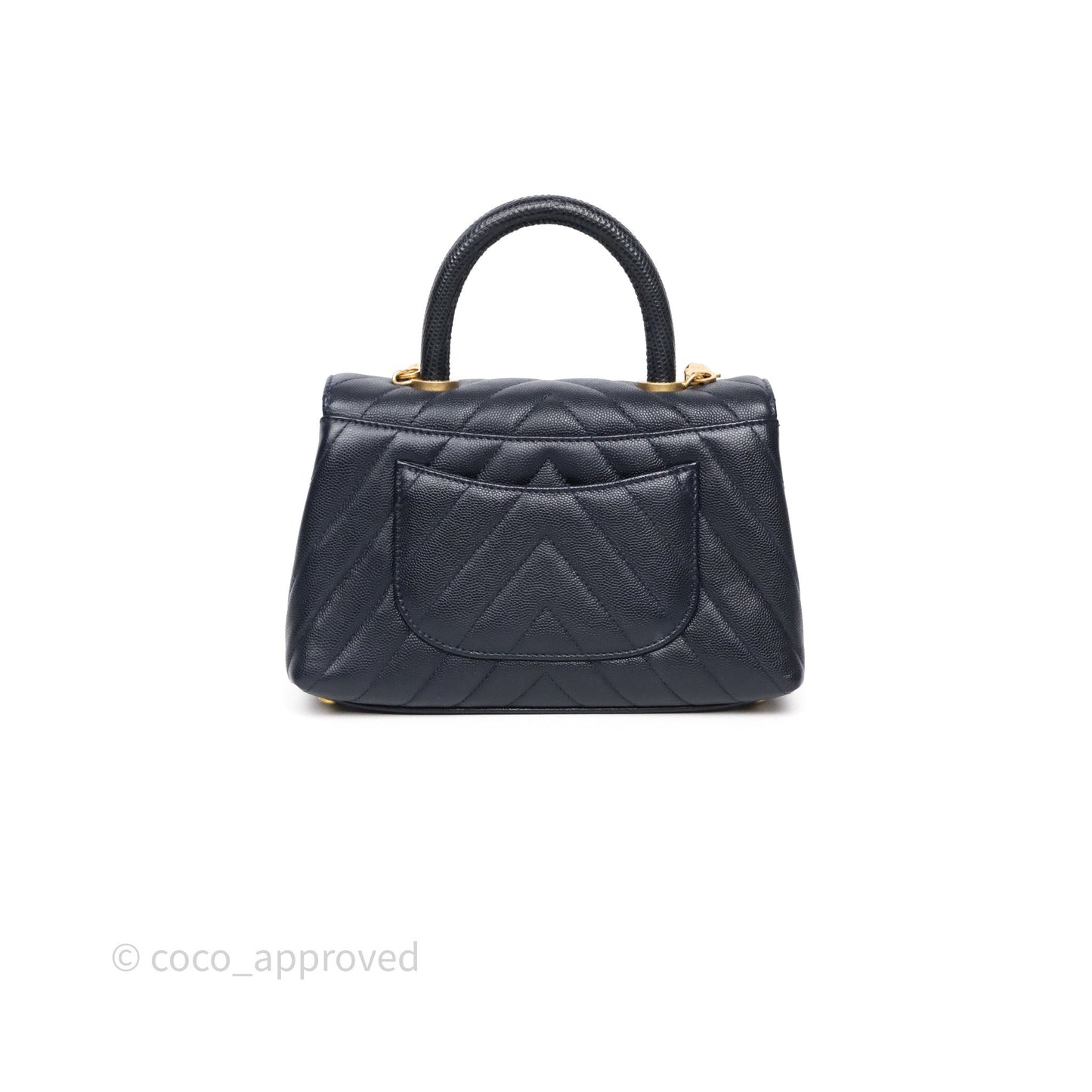 Chanel Small Coco Handle Chevron Navy Caviar Aged Gold Hardware Lizard Handle