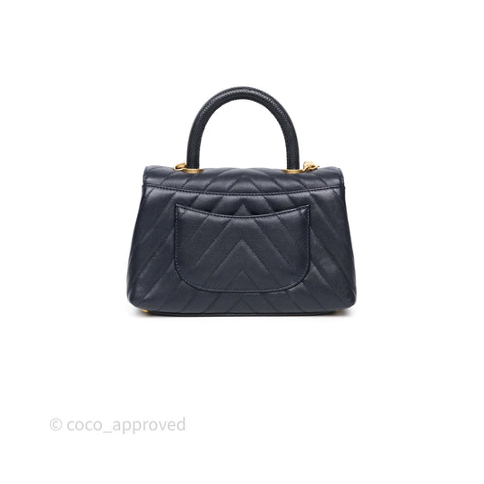 Chanel Small Coco Handle Chevron Navy Caviar Aged Gold Hardware Lizard Handle