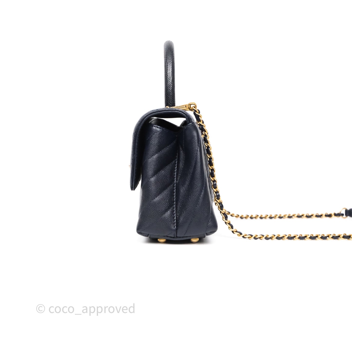 Chanel Small Coco Handle Chevron Navy Caviar Aged Gold Hardware Lizard Handle