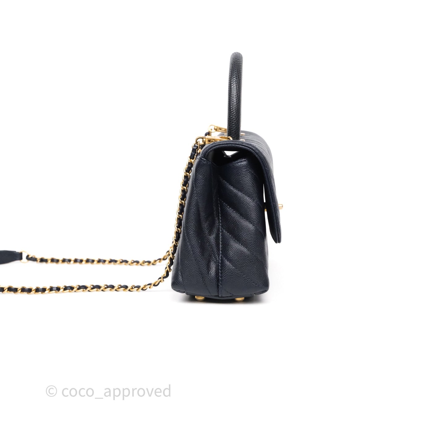 Chanel Small Coco Handle Chevron Navy Caviar Aged Gold Hardware Lizard Handle
