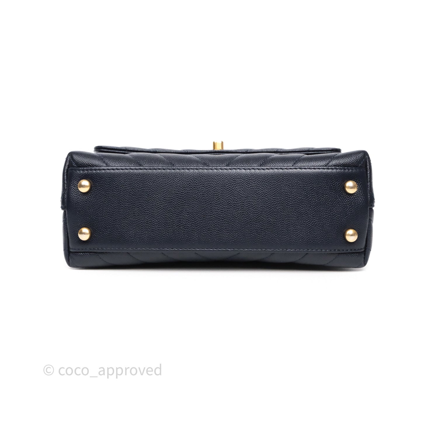 Chanel Small Coco Handle Chevron Navy Caviar Aged Gold Hardware Lizard Handle