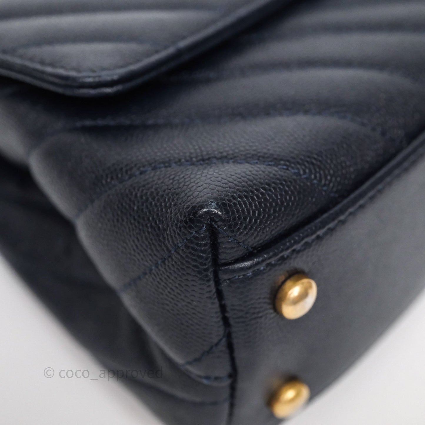 Chanel Small Coco Handle Chevron Navy Caviar Aged Gold Hardware Lizard Handle