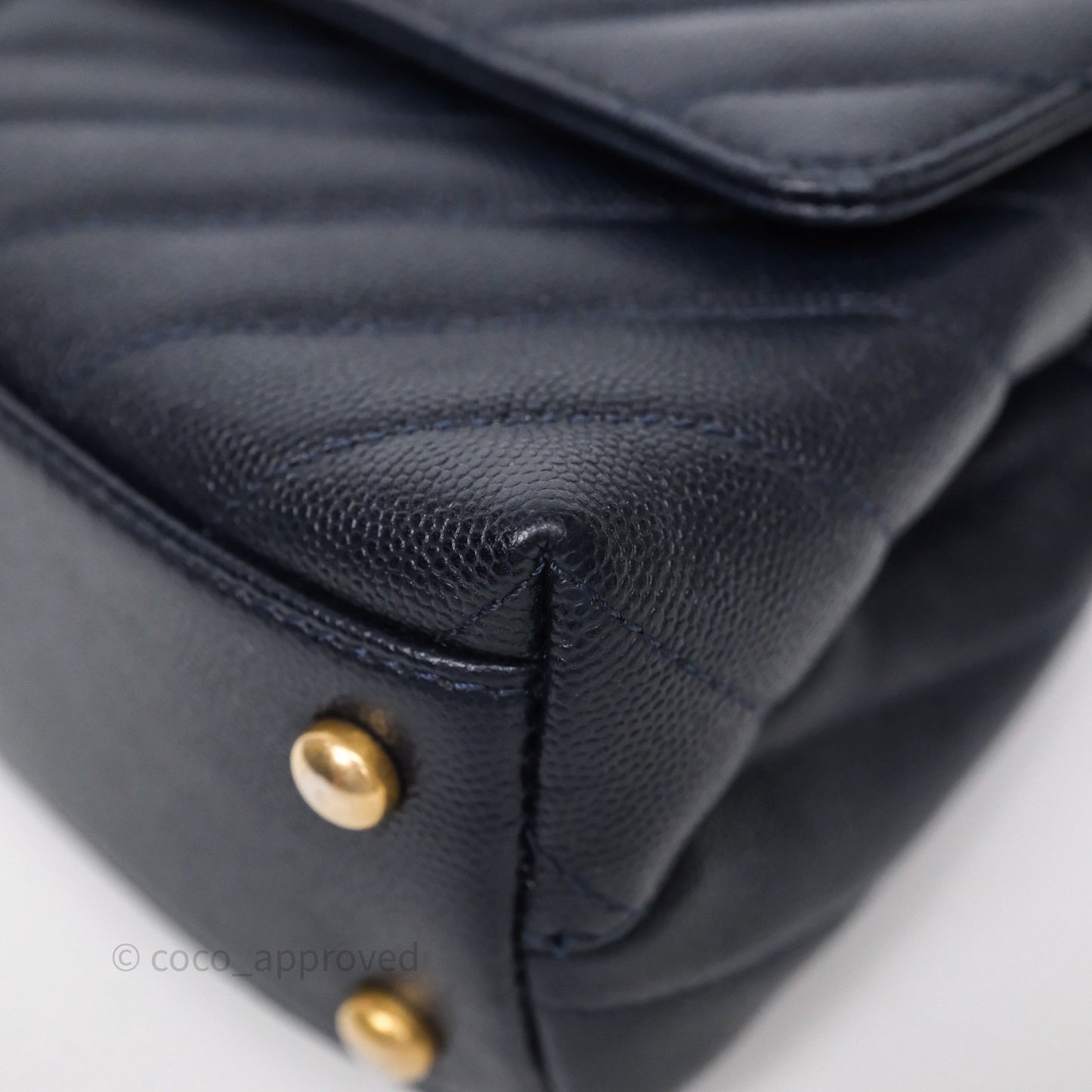 Chanel Small Coco Handle Chevron Navy Caviar Aged Gold Hardware Lizard Handle