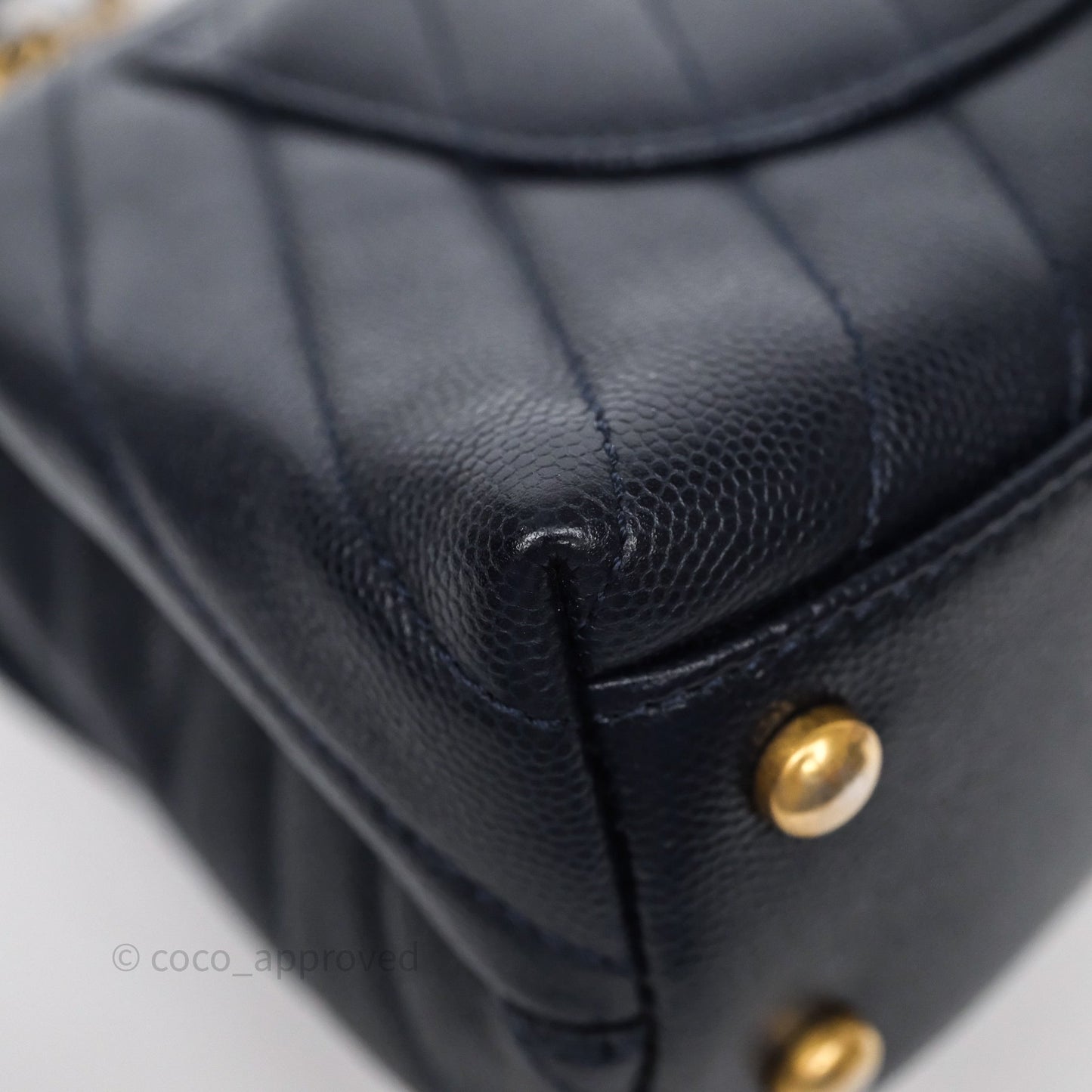 Chanel Small Coco Handle Chevron Navy Caviar Aged Gold Hardware Lizard Handle