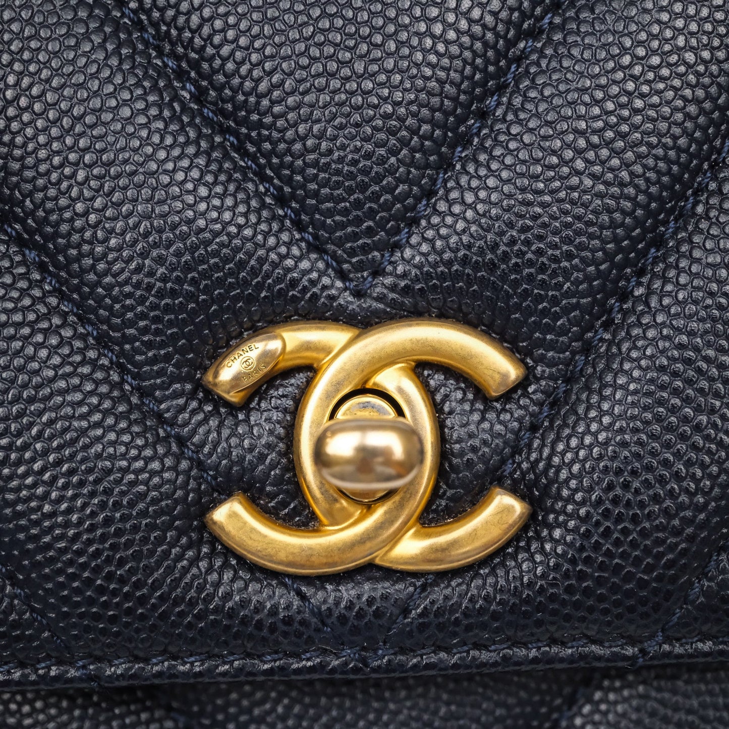 Chanel Small Coco Handle Chevron Navy Caviar Aged Gold Hardware Lizard Handle