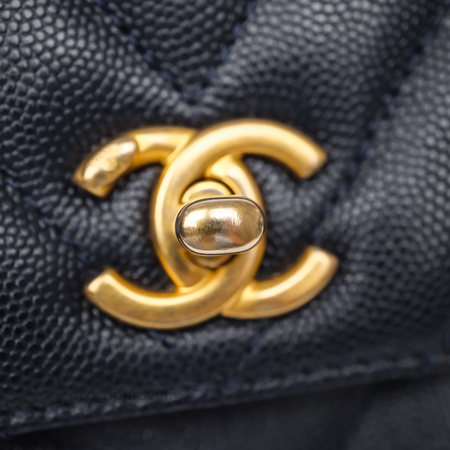 Chanel Small Coco Handle Chevron Navy Caviar Aged Gold Hardware Lizard Handle