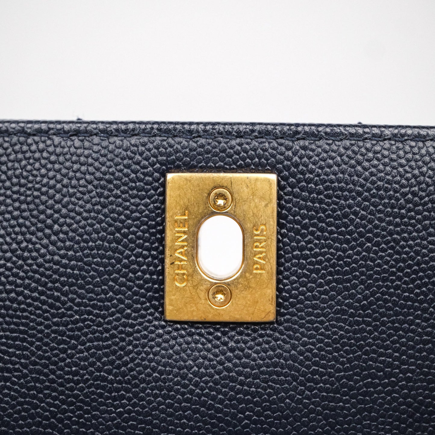 Chanel Small Coco Handle Chevron Navy Caviar Aged Gold Hardware Lizard Handle