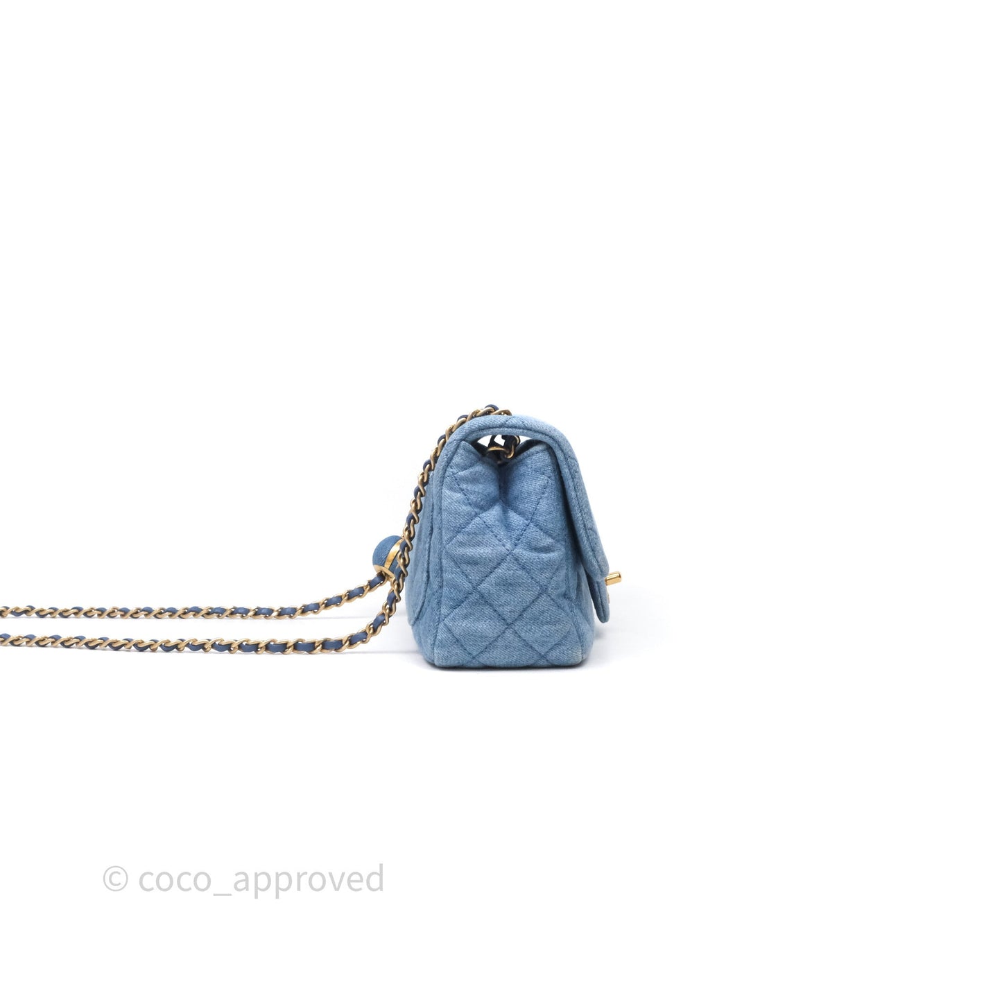 Chanel Mini Square Pearl Crush Quilted Denim Aged Gold Hardware
