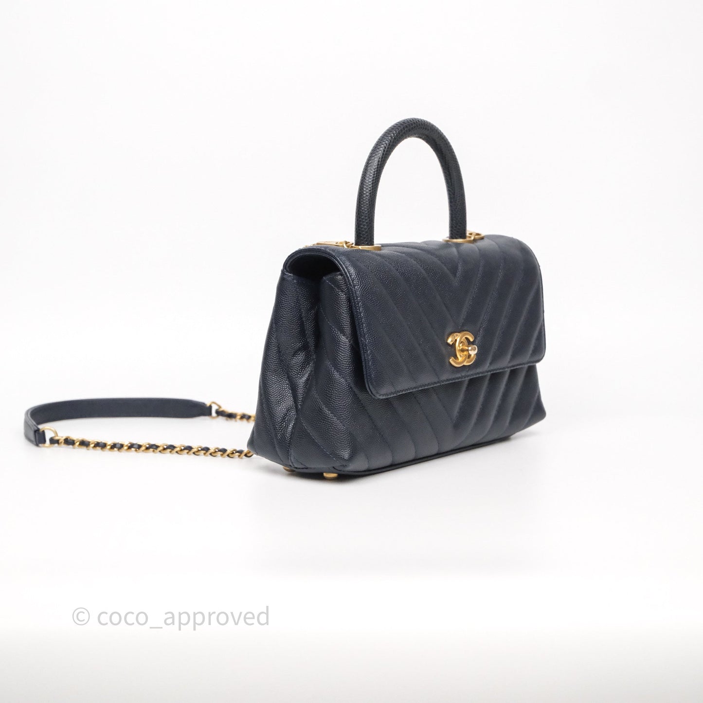 Chanel Small Coco Handle Chevron Navy Caviar Aged Gold Hardware Lizard Handle