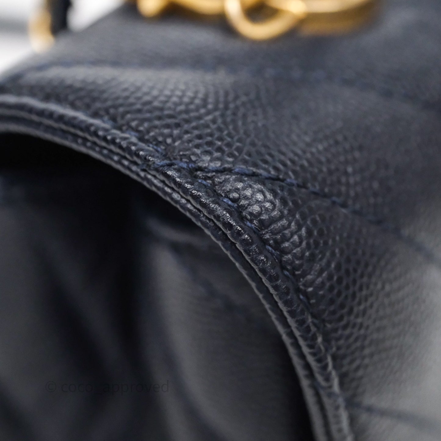 Chanel Small Coco Handle Chevron Navy Caviar Aged Gold Hardware Lizard Handle