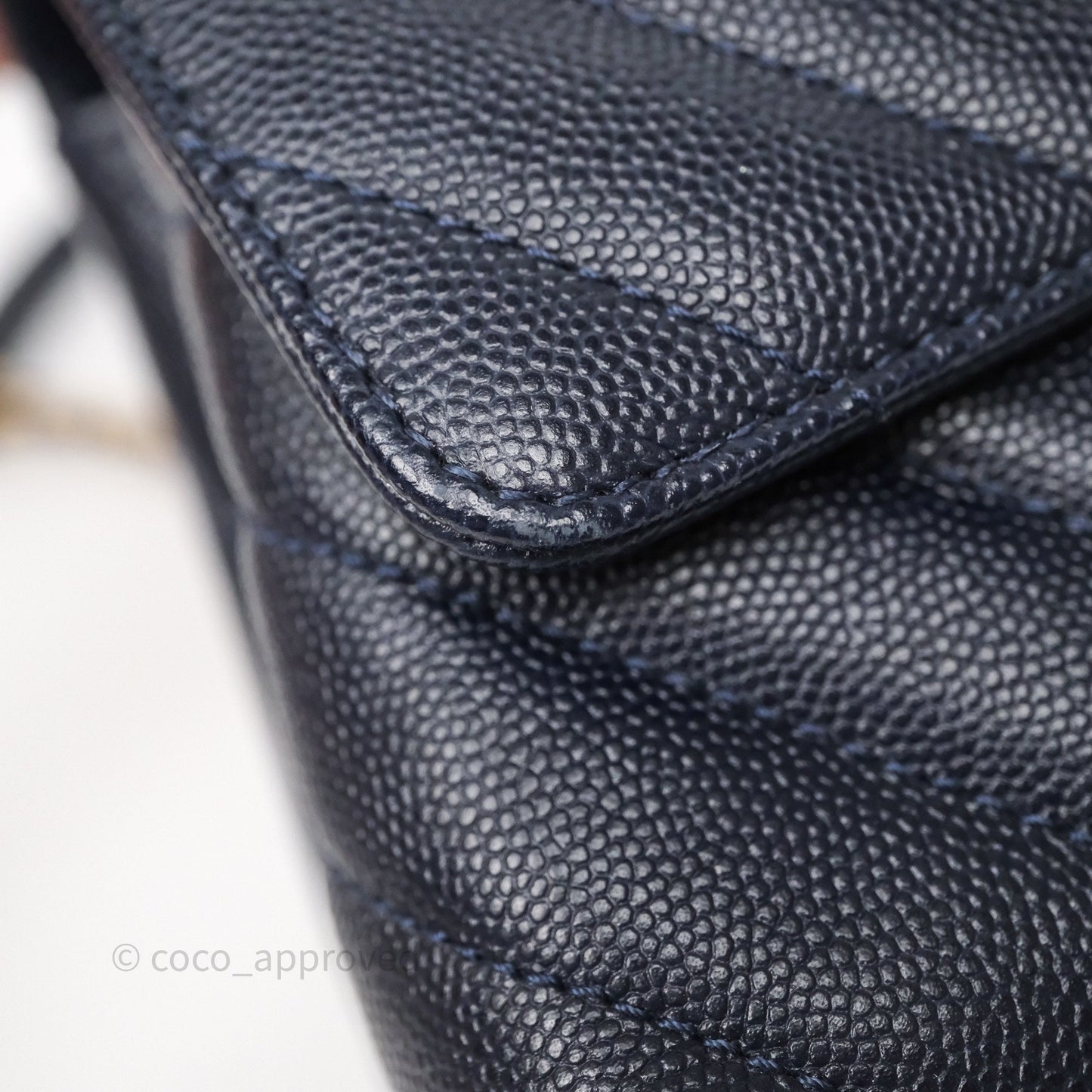Chanel Small Coco Handle Chevron Navy Caviar Aged Gold Hardware Lizard Handle