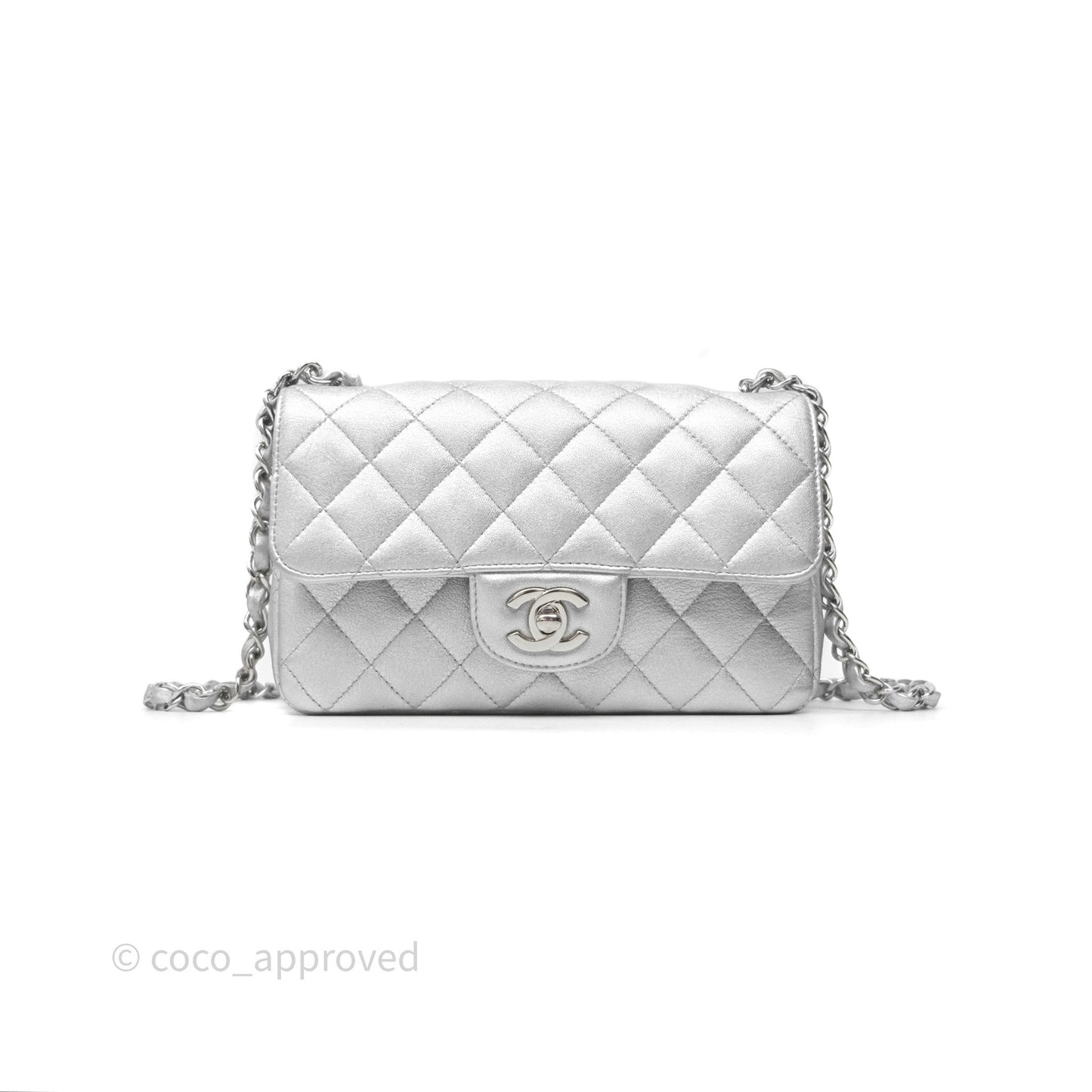 Chanel Quilted Mini Rectangular Flap Metallic Silver Lambskin Silver Hardware