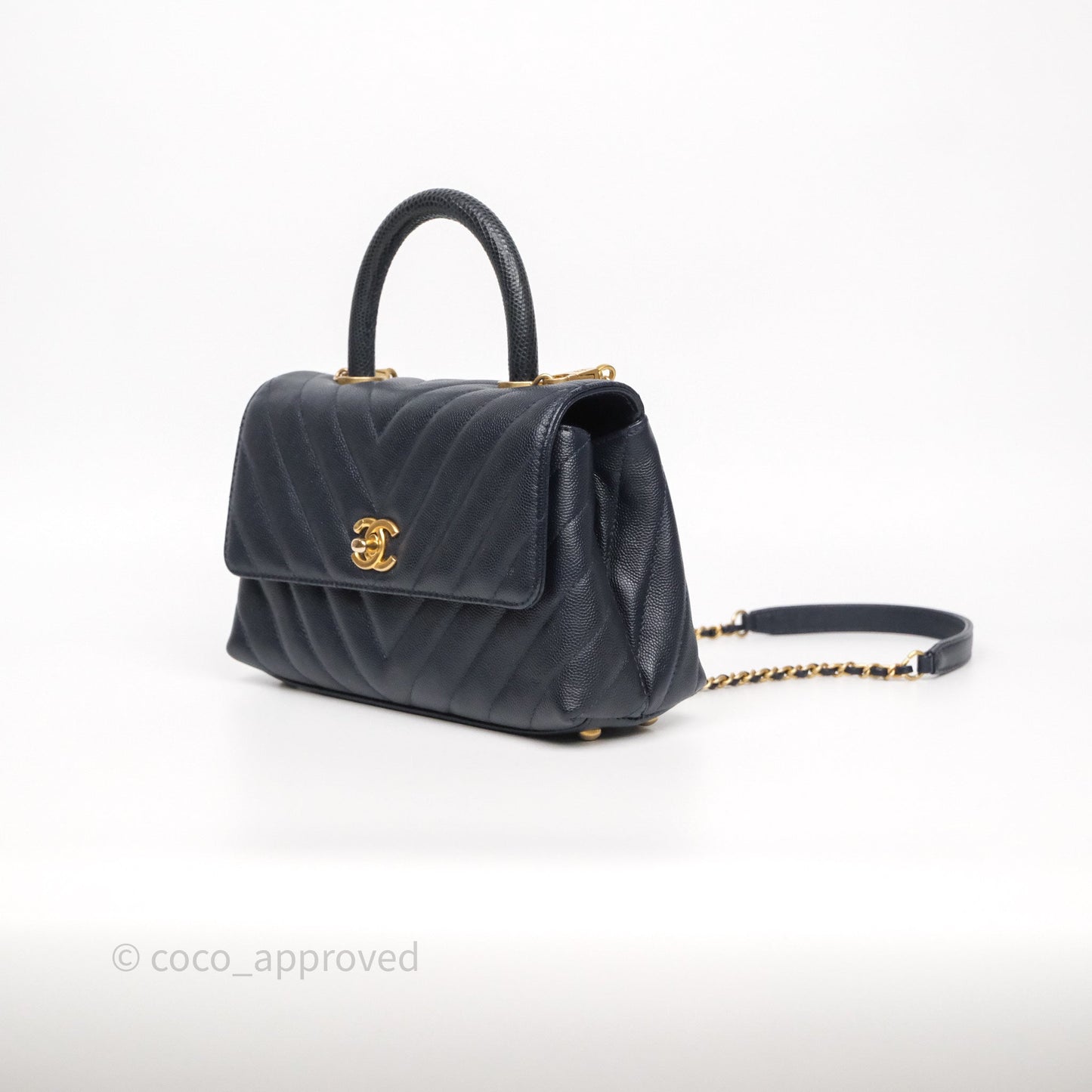 Chanel Small Coco Handle Chevron Navy Caviar Aged Gold Hardware Lizard Handle