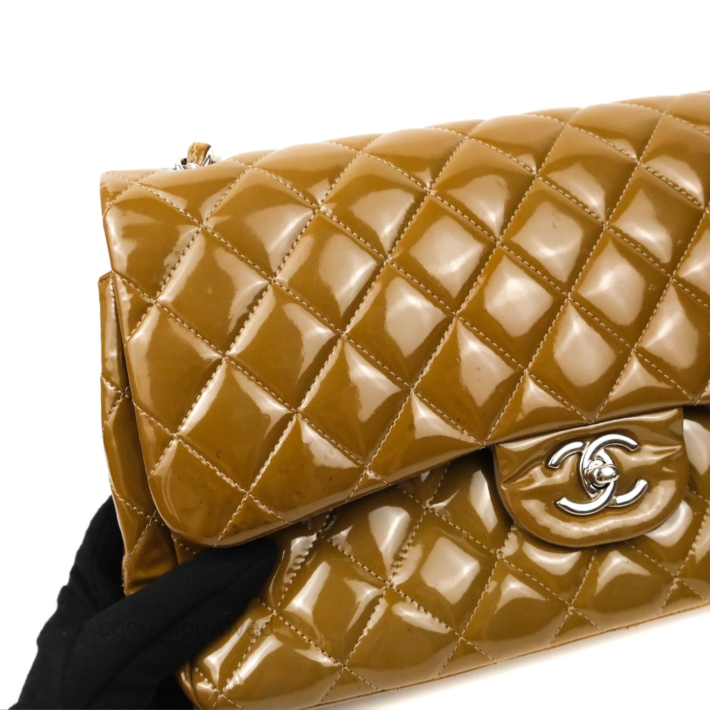 Chanel Jumbo Double Flap Brown Patent Silver Hardware⁣⁣