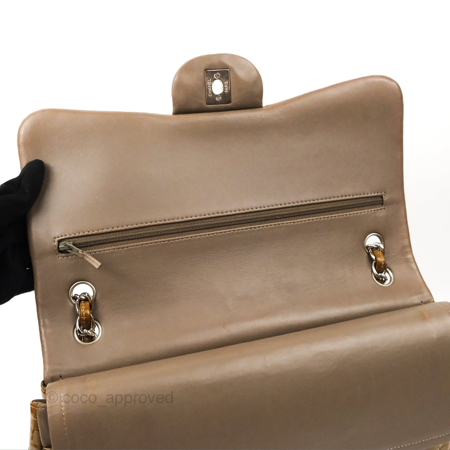 Chanel Jumbo Double Flap Brown Patent Silver Hardware⁣⁣